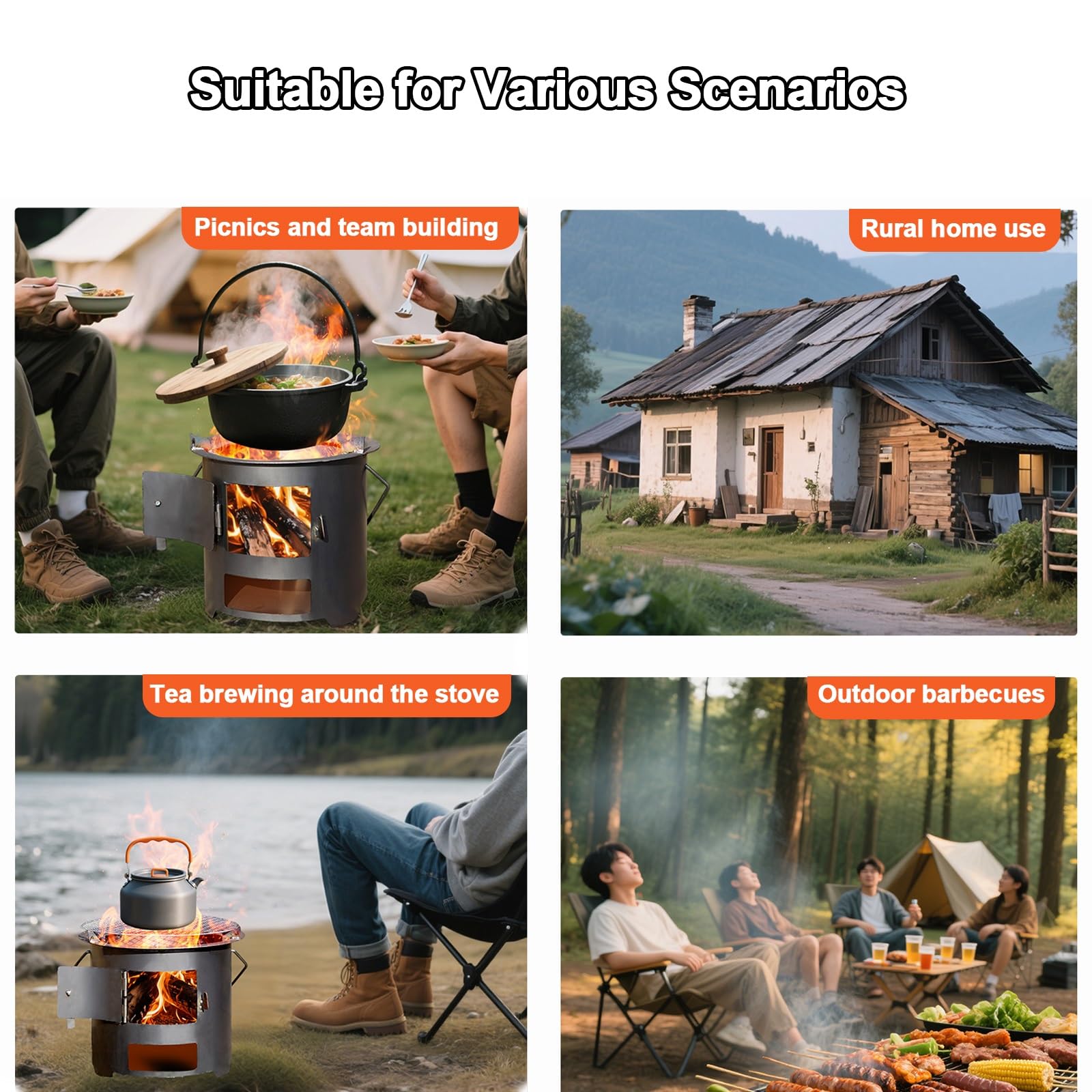 Tragbarer Camping Holzofen, Holzofen Outdoor Zum Kochen, Wandern, Rucksackreisen, Verdickte Stahlplatte, Wird mit Einem Griff und Zubehör Geliefert(30cm/12in)