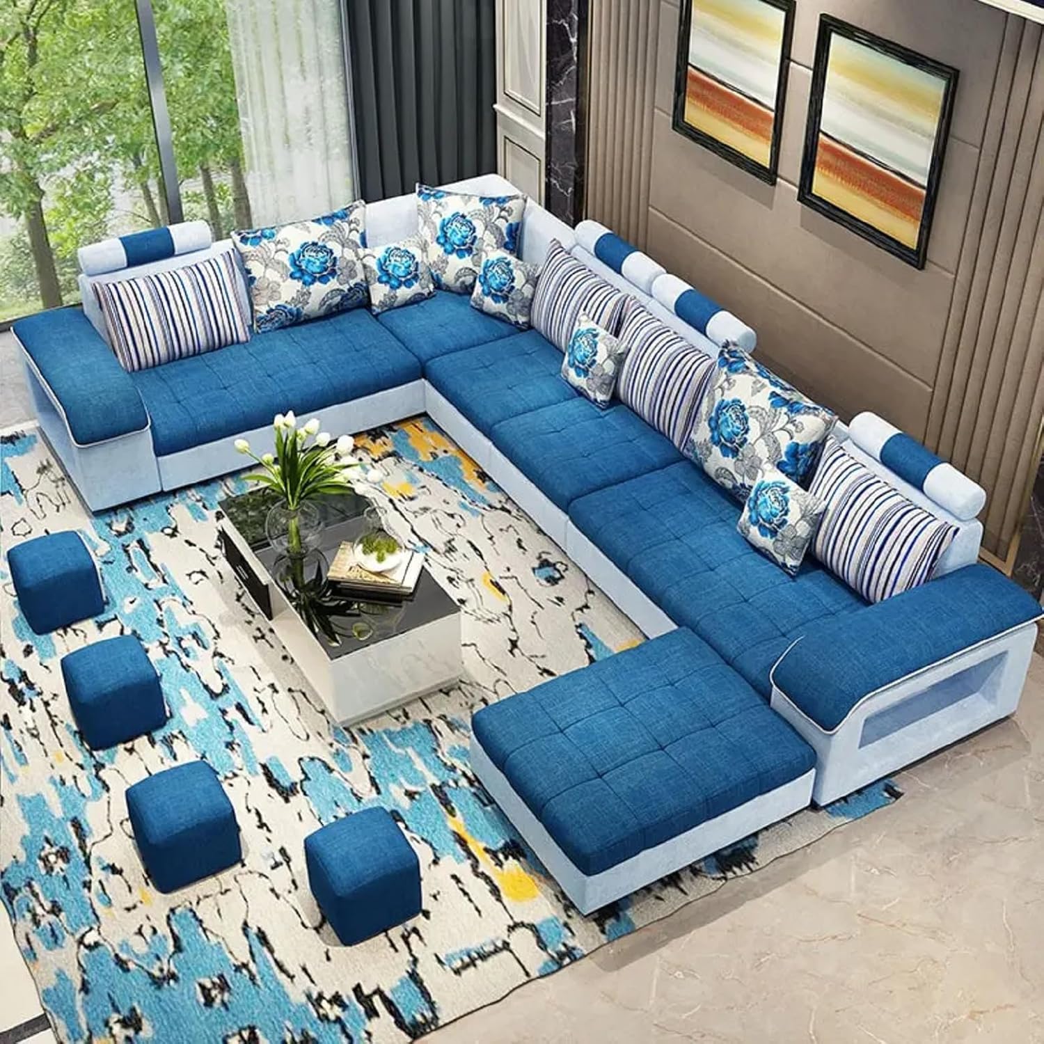 Poppins HOME Modern 6 Seater U Shaped Velvet Sectional Sofa for Classic Living Rooms Luxury Design Modular Fabric Set (Blue)