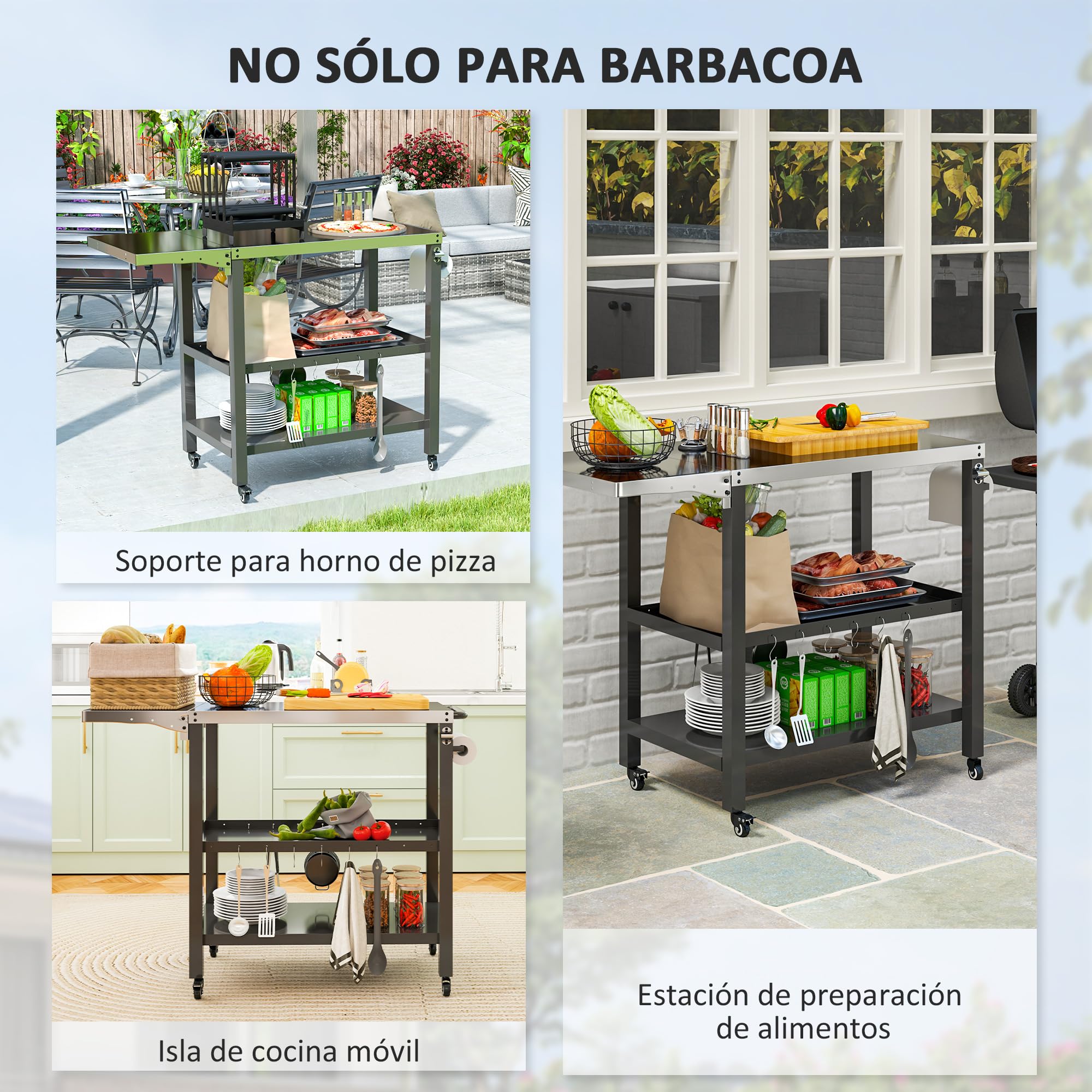 Outsunny Carrito de Parrilla de 3 Niveles Carrito de Barbacoa Carro de Servicio con Ruedas Estantes Encimera de Acero Inoxidable Lateral Plegable y Asa Mesa de Horno de Pizza para Jardín Patio Negro