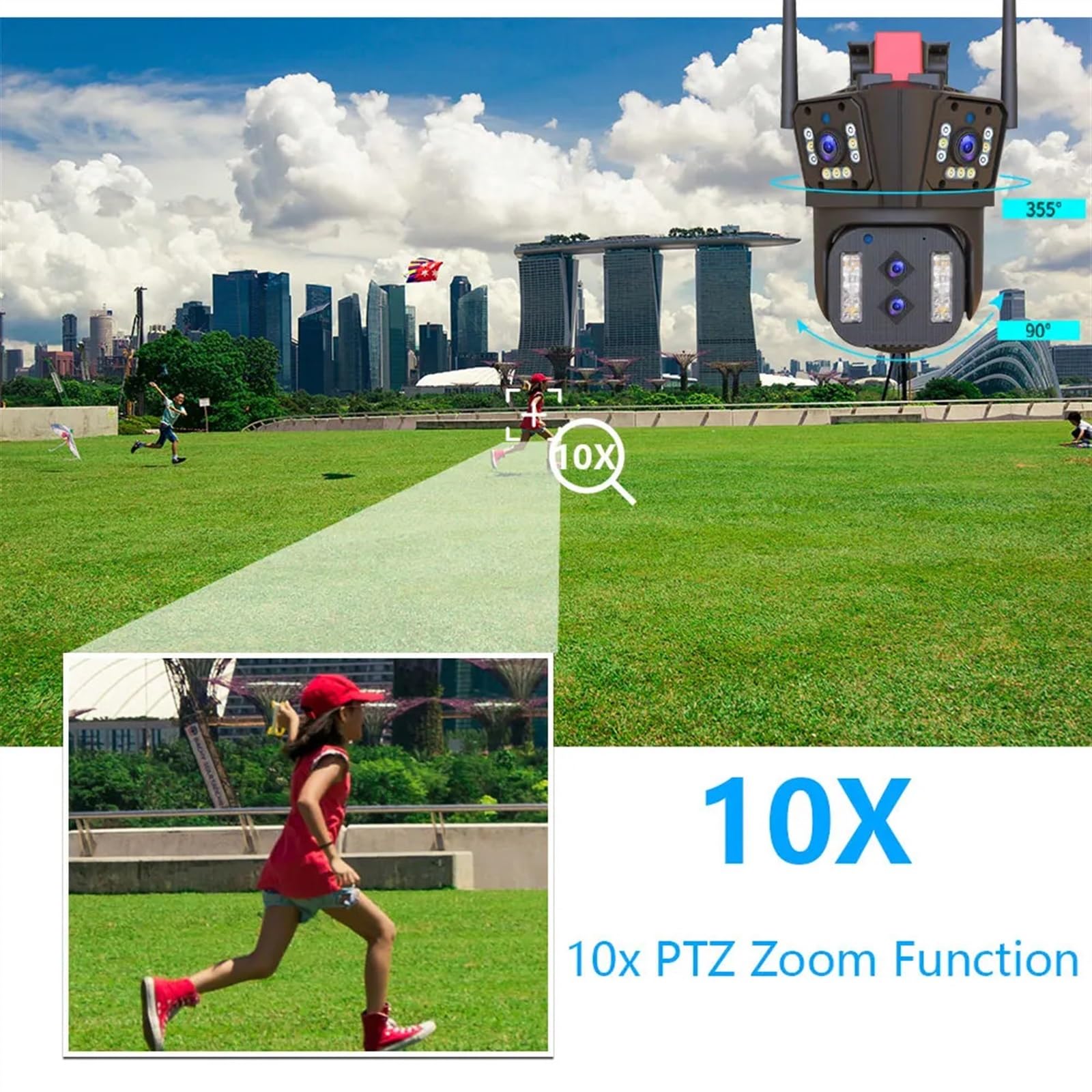Caméra de sécurité, 8K 16MP Quatre objectifs PTZ caméra 10X Zoom AI Suivi Automatique Audio extérieur 8MP sécurité CCTV Surveillance IP(8K Add 128G Card)