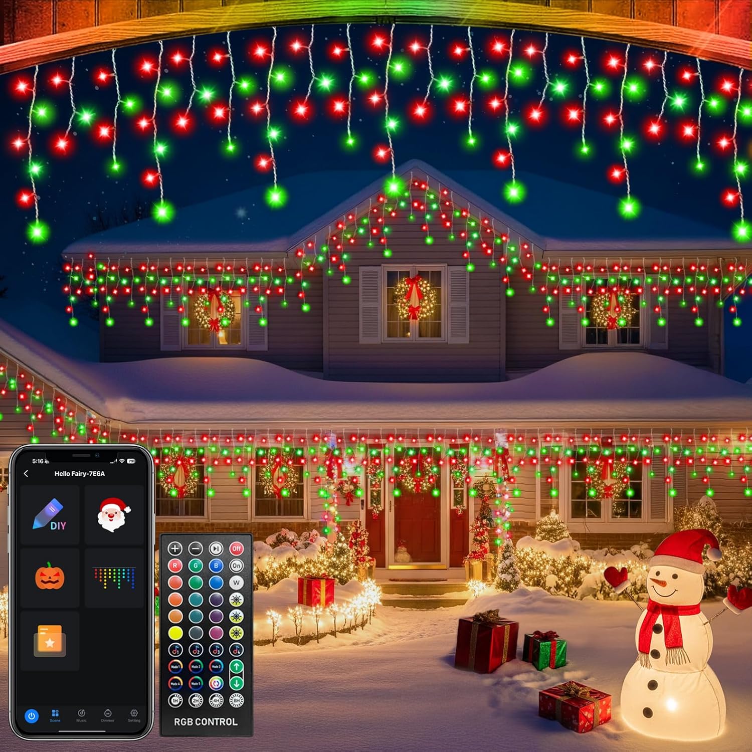 Avatar Controls 66FT Smart RGB Icicle Lights Outdoor – Dynamic LED Christmas Roofline Lights, DIY Color & 100+ Effects, App & Remote Control, Music Sync, Waterproof, for House, Eaves, Holiday Decor