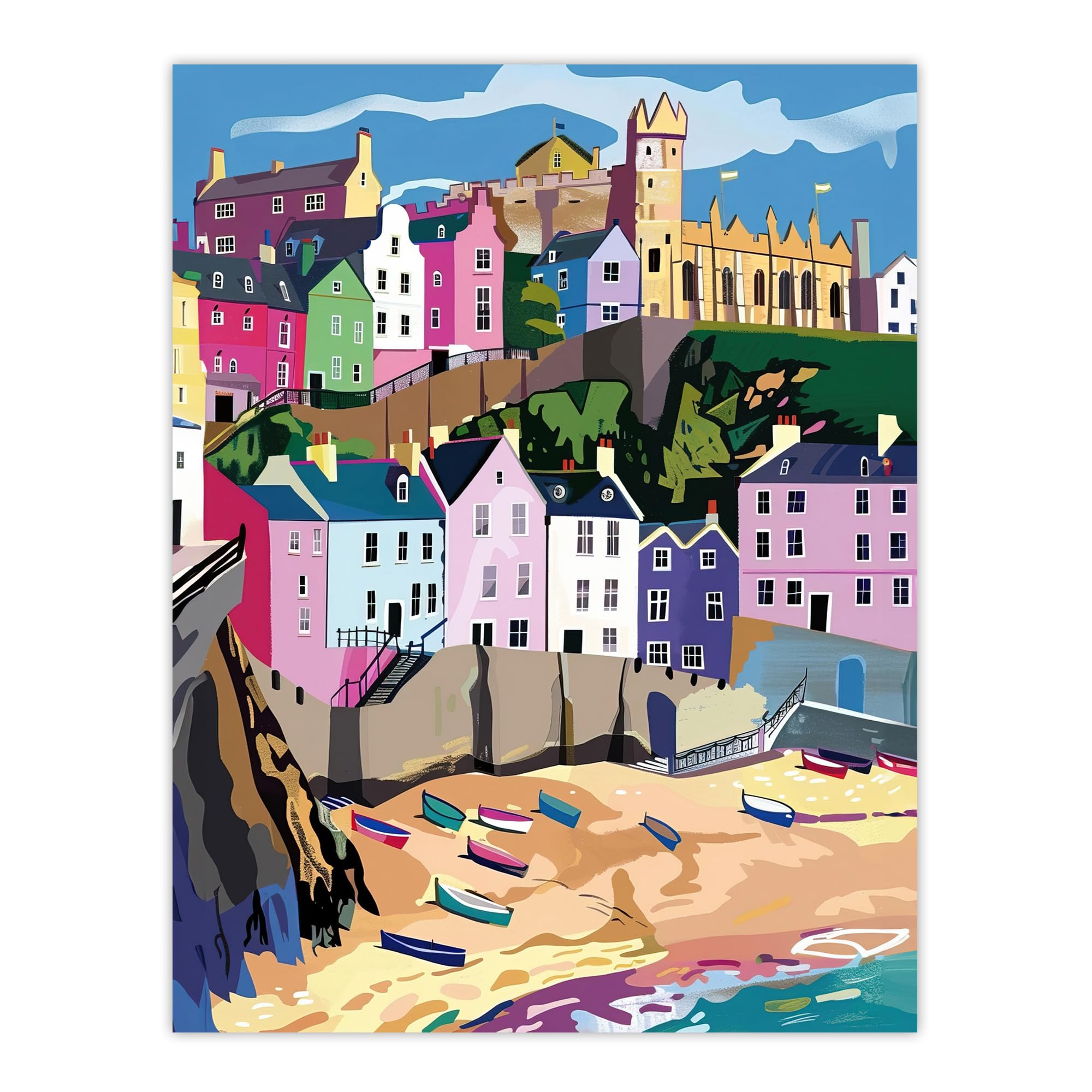 Artery8 Tenby Harbour Beach Coastal Townscape Colourful Living Room Large Wall Art Poster Print Thick Paper 18X24 Inch