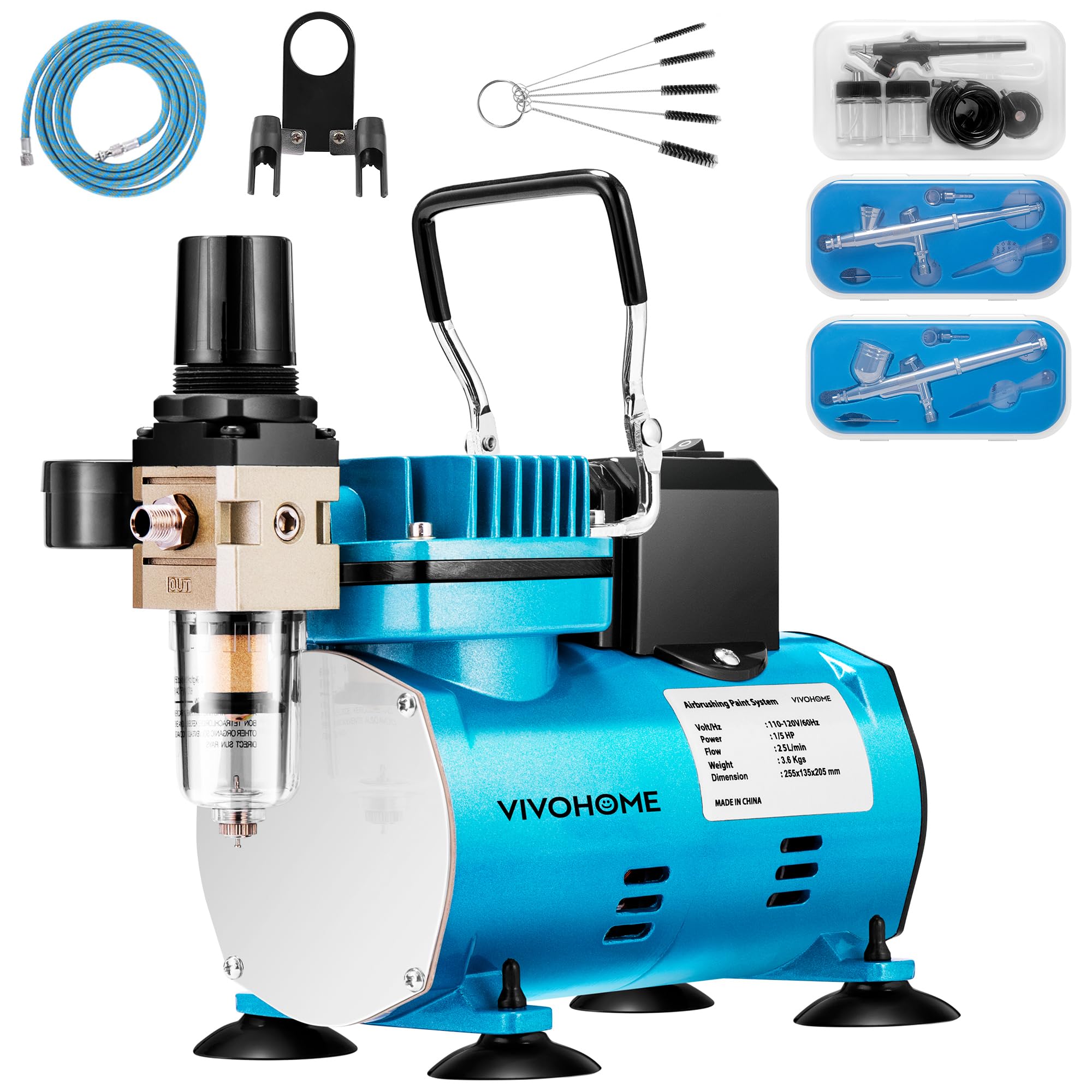 VIVOHOME Compresseur Air Professionnel 1/5 CV avec 3 Pistolets Aérographe Double Action Alimentation par Gravité et Siphon Silencieux avec Support et Brosse Bleu