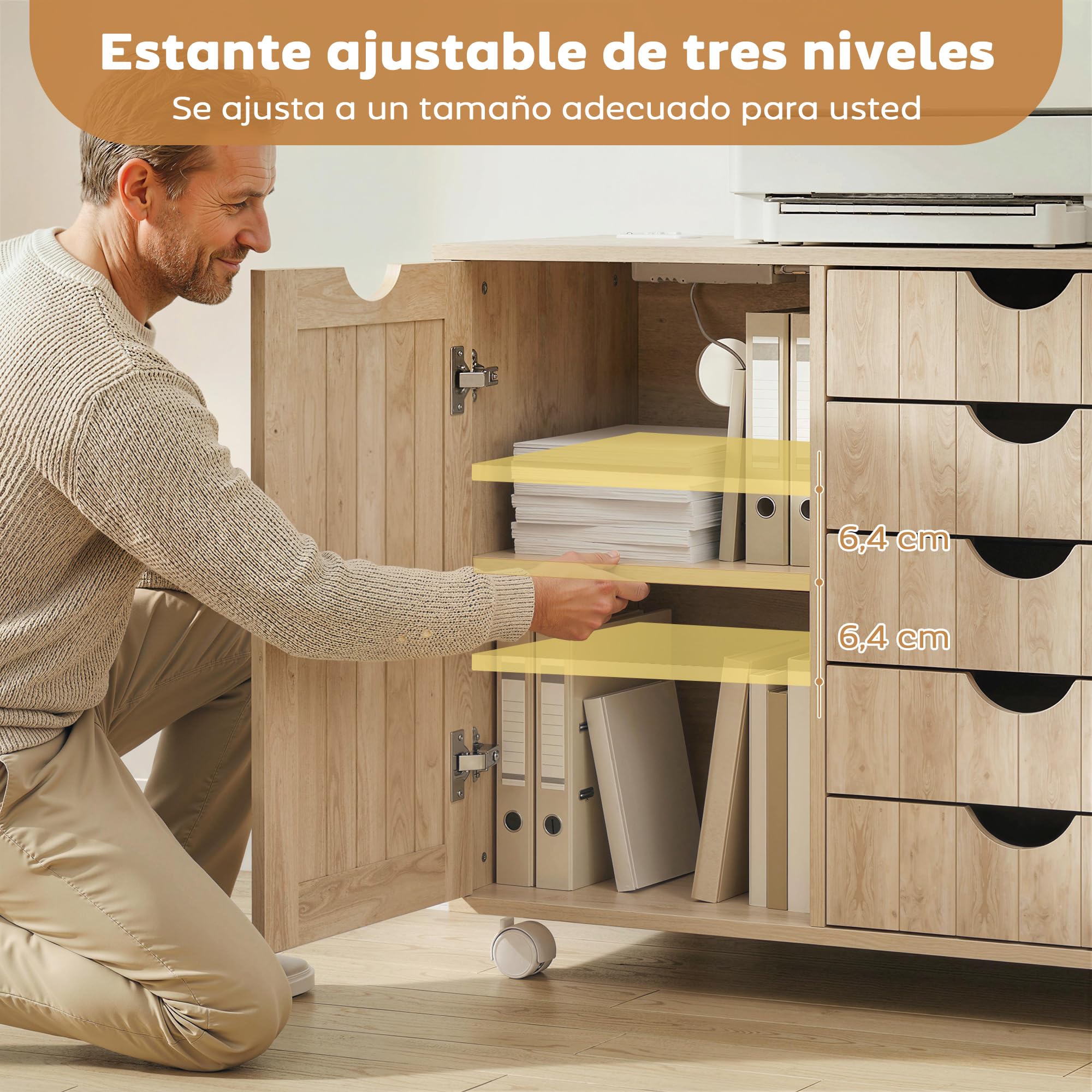 HOMCOM Mueble para Impresora con Estación de Carga y Ruedas, Soporte para Impresora, Cajonera para Escritorio con 5 Cajones, Puertos USB, Estante Ajustable para Archivador, Oficina en Casa, Natural