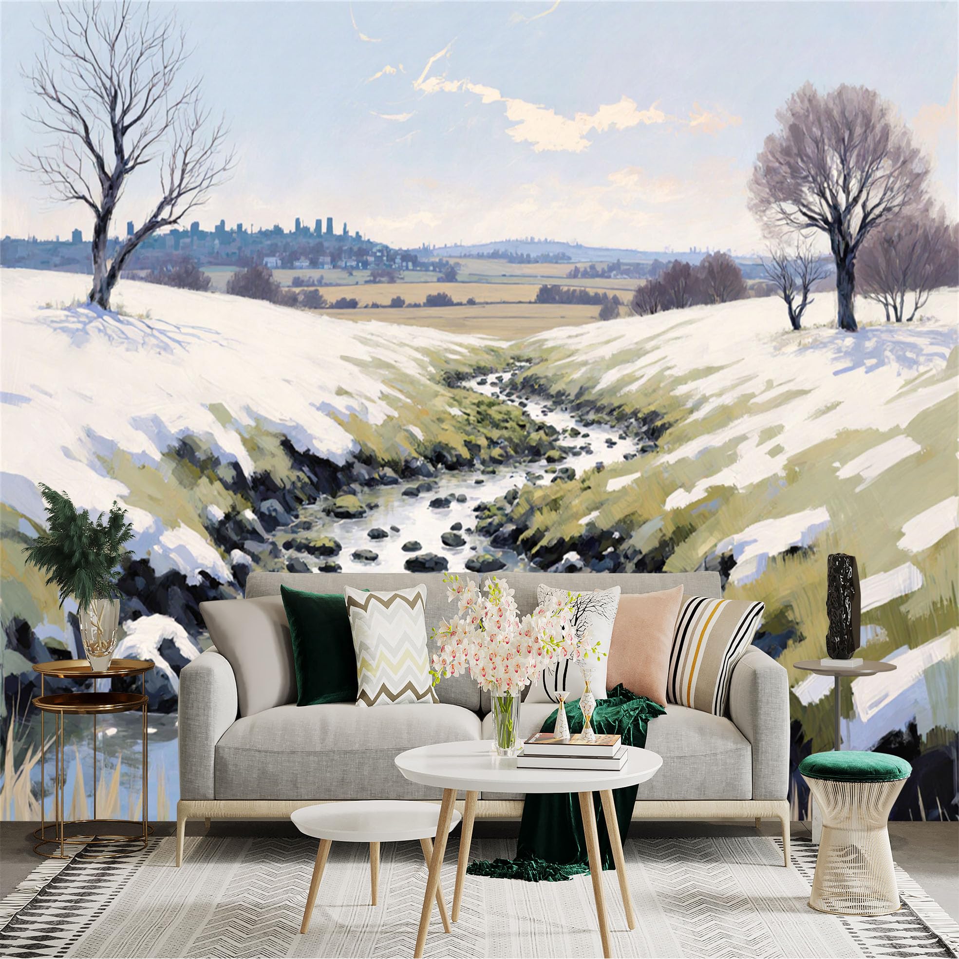 Custom Size Wall Sticker Mural， Winter Landscape with Snow， River， Trees and Distant City Skyline， for wall Decoration， peelandstick wall Decals.