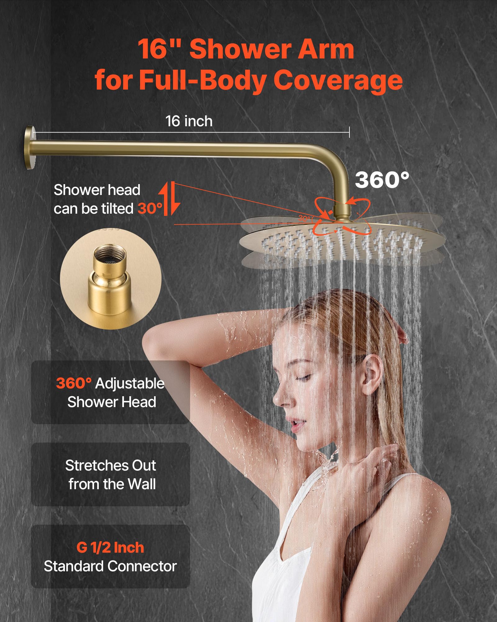 VEVOR Sistema Doccia a Pioggia per Bagno con Soffione Tondo 254 mm e Doccetta, Set di Rubinetti da Doccia a Parete, con Valvola in Ottone e Kit di Finitura, Rubinetto Doccia, Oro Spazzolato