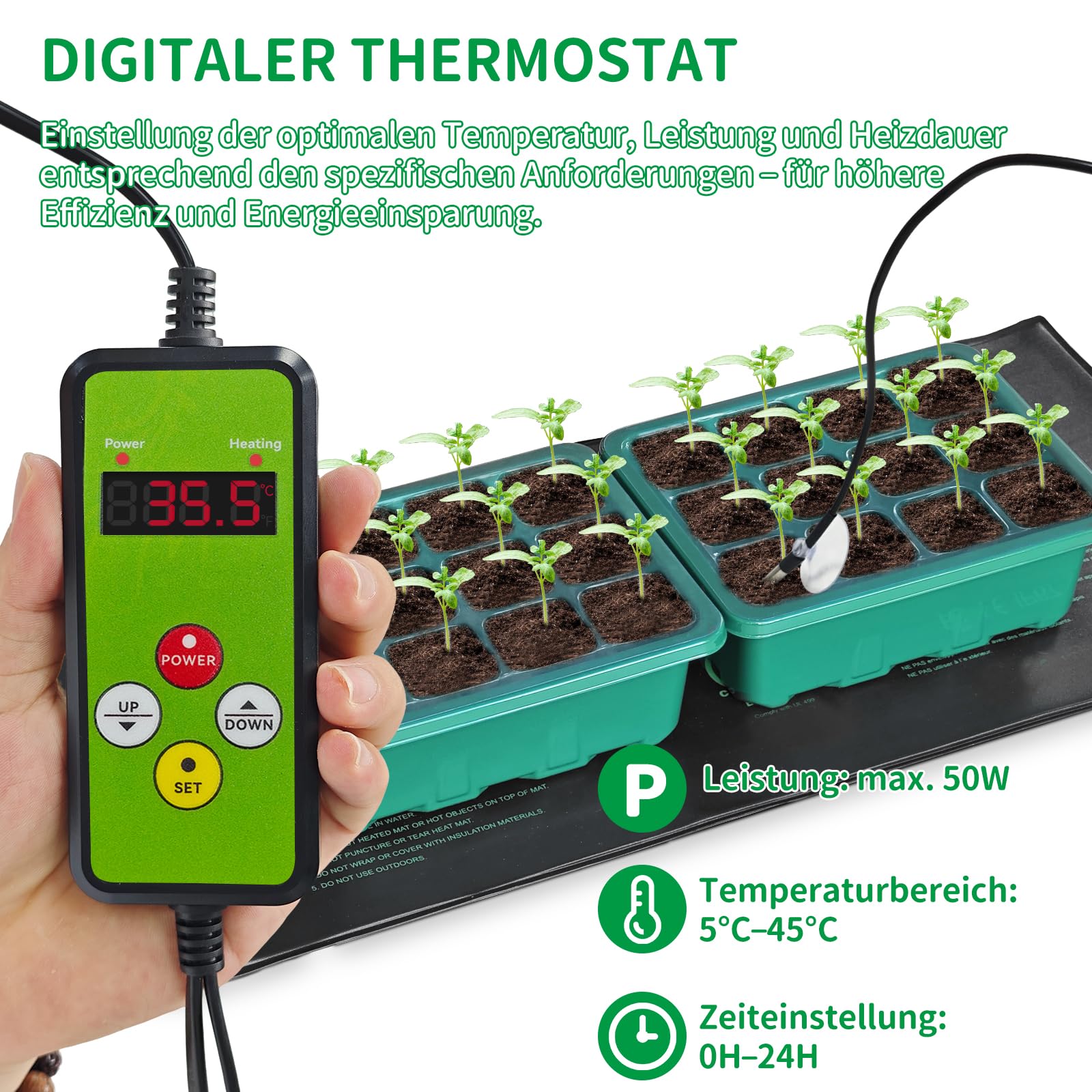 NAMOTEK Tappetino riscaldante per Piante con termostato Digitale e Set da 5 vaschette per Semina – Controllo della Temperatura per germinazione e propagazione delle Piante – Standard Met