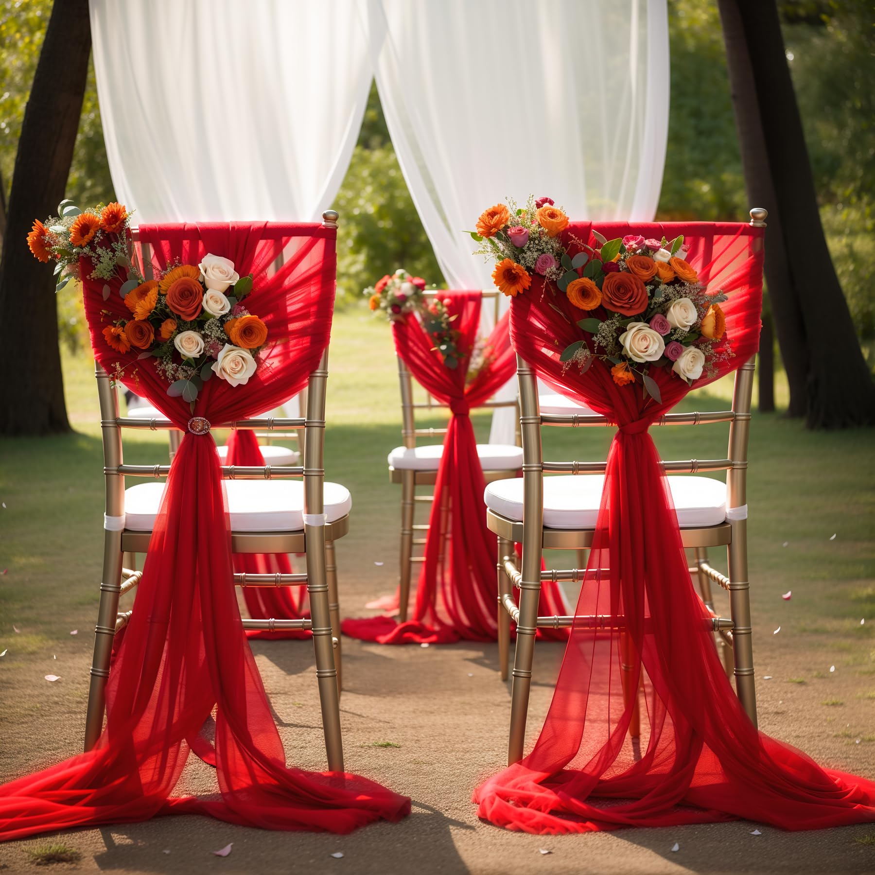 Highdi Chiffon Chair Sashes for Wedding, 2/4/6/8/10PCS Chair Sashes Bow Chiffon Chair Drapes Tulle Chair Cover Wedding Chair Decorations for Banquet Party Hotel (4 Pieces,Big Red)