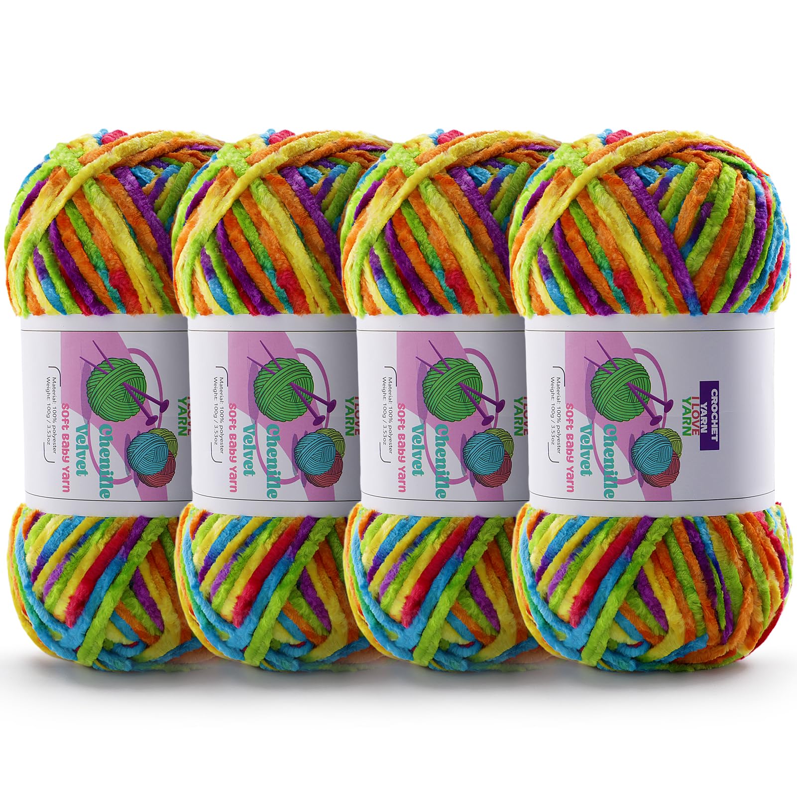4 Skeins Soft Chunky Chenille Yarn, Plush Velvet Yarn for Hand Knitting and Crocheting, Fluffy Yarn for Crochet Blankets, Scarves, Hats（4×3.5oz, 4×131.2yds） (Rainbow Color)