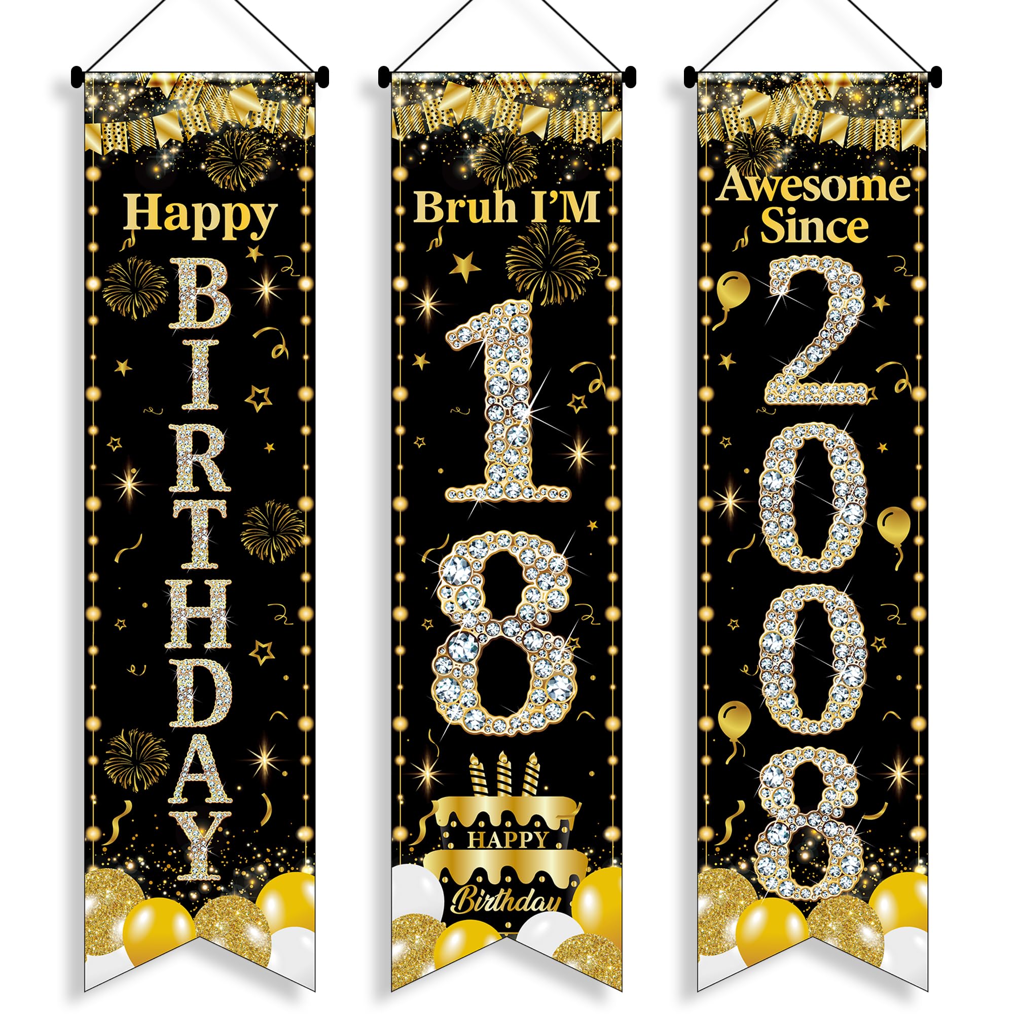 18th Birthday Decorations Door Banner - 3 Pcs Black and Gold Boy Awesome Since 2008 Happy 18th Birthday Bruh I'M 18 3.9x0.9ft Door Porch Sign for 18 Years Old Boys Party Backdrop Decor Supplies