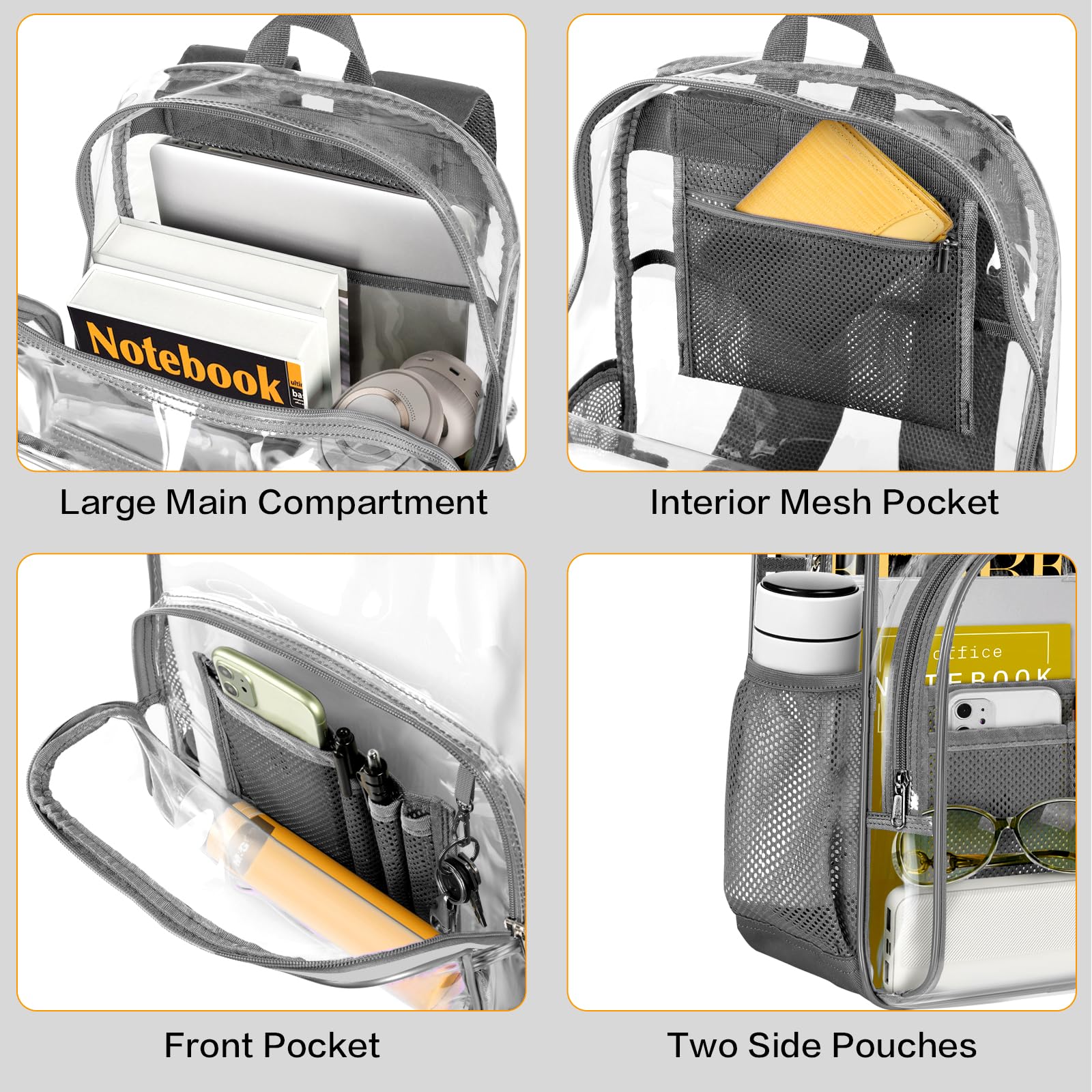 PAMANO Clear Backpack, Heavy Duty Transparent Backpack with Reinforced Bottom See Through for College, Travel, Workplace Security, Gray