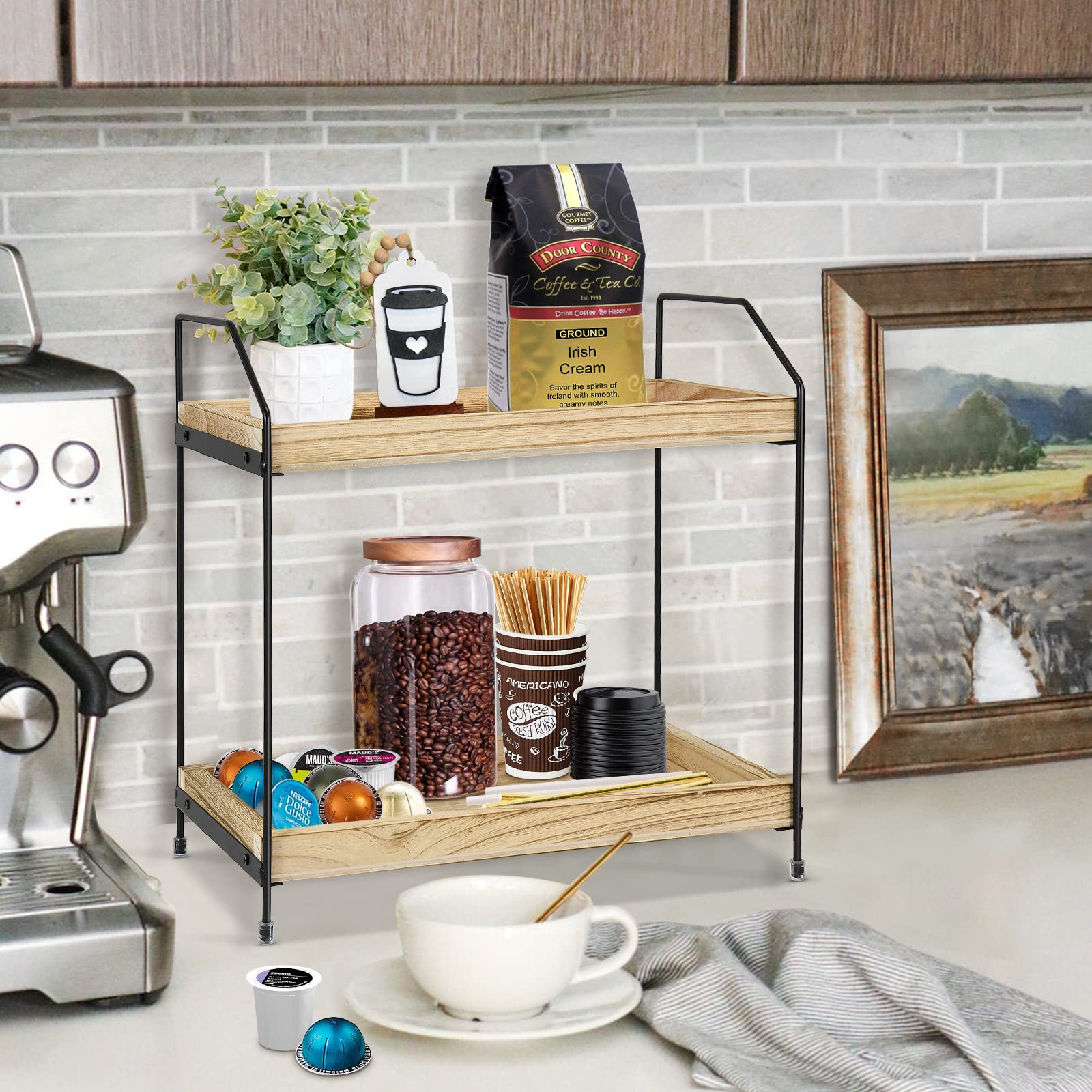 Coffee Bar Organizer 2 Tier Coffee Station Organizer Countertop, Wood ...
