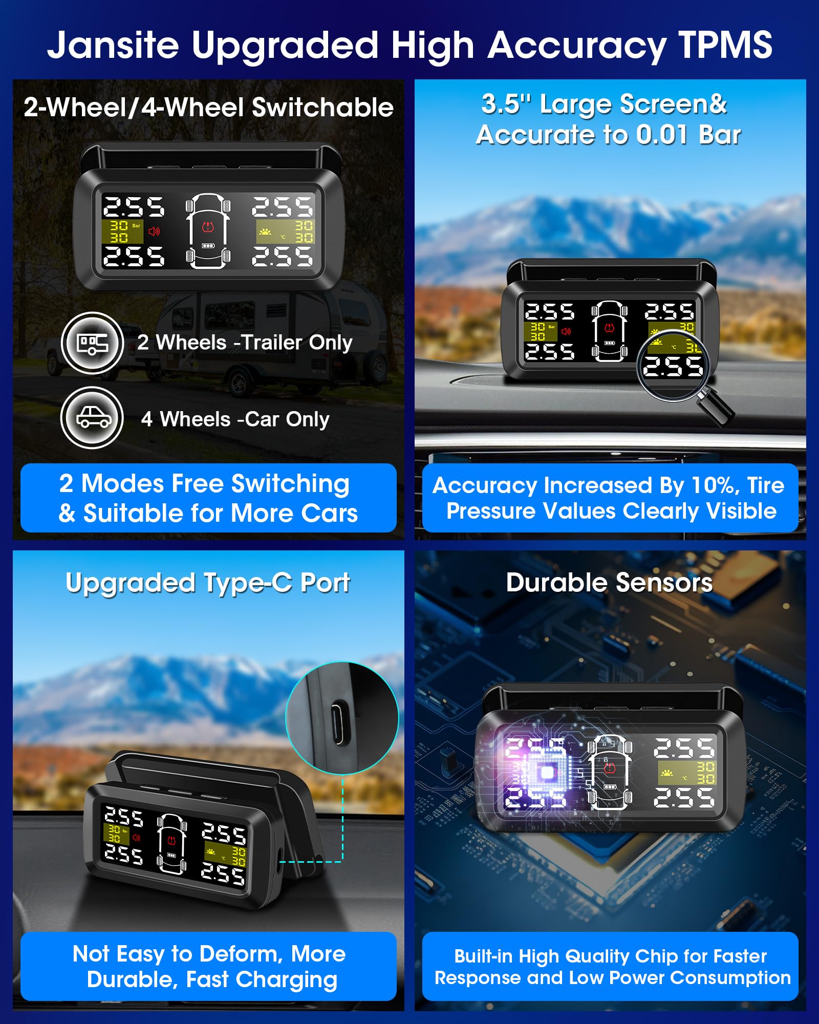 Jansite TPMS Inalámbrico Solar Sistema de Monitoreo de Presión de Neumáticos 4/2 Modos de Interruptor de Rueda Precisión 0.01 Bar 21-87Psi Monitor de Presión de Neumáticos 6 Modos de Alarma