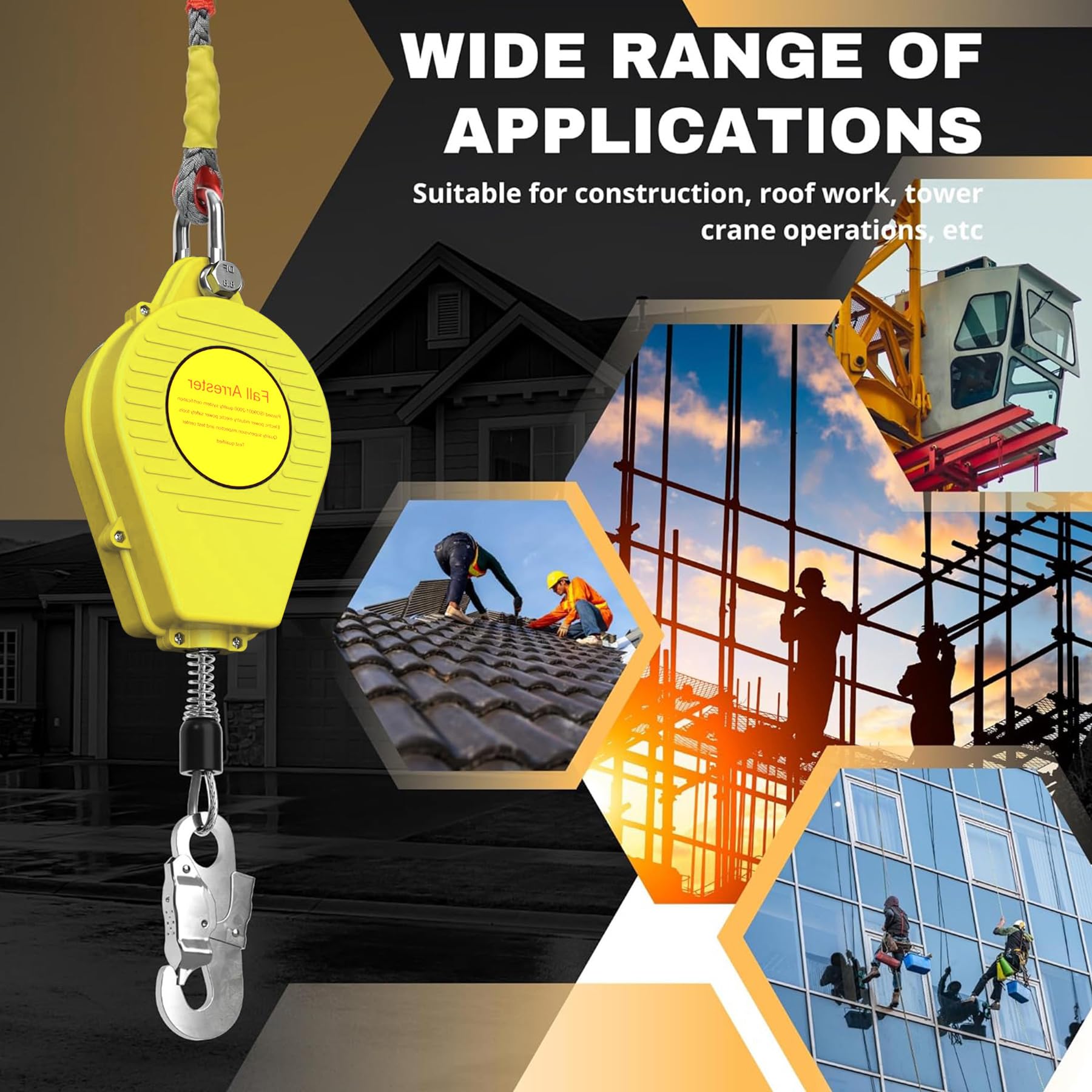 Dispositivo Anticaidas Retráctil, 3-20m Anticaidas Retractil Seguridad Homologado con Gancho Autoblocante, Amarillo Linea de Vida Retractil para Techado y Construcción, Carga:150kg (10m)