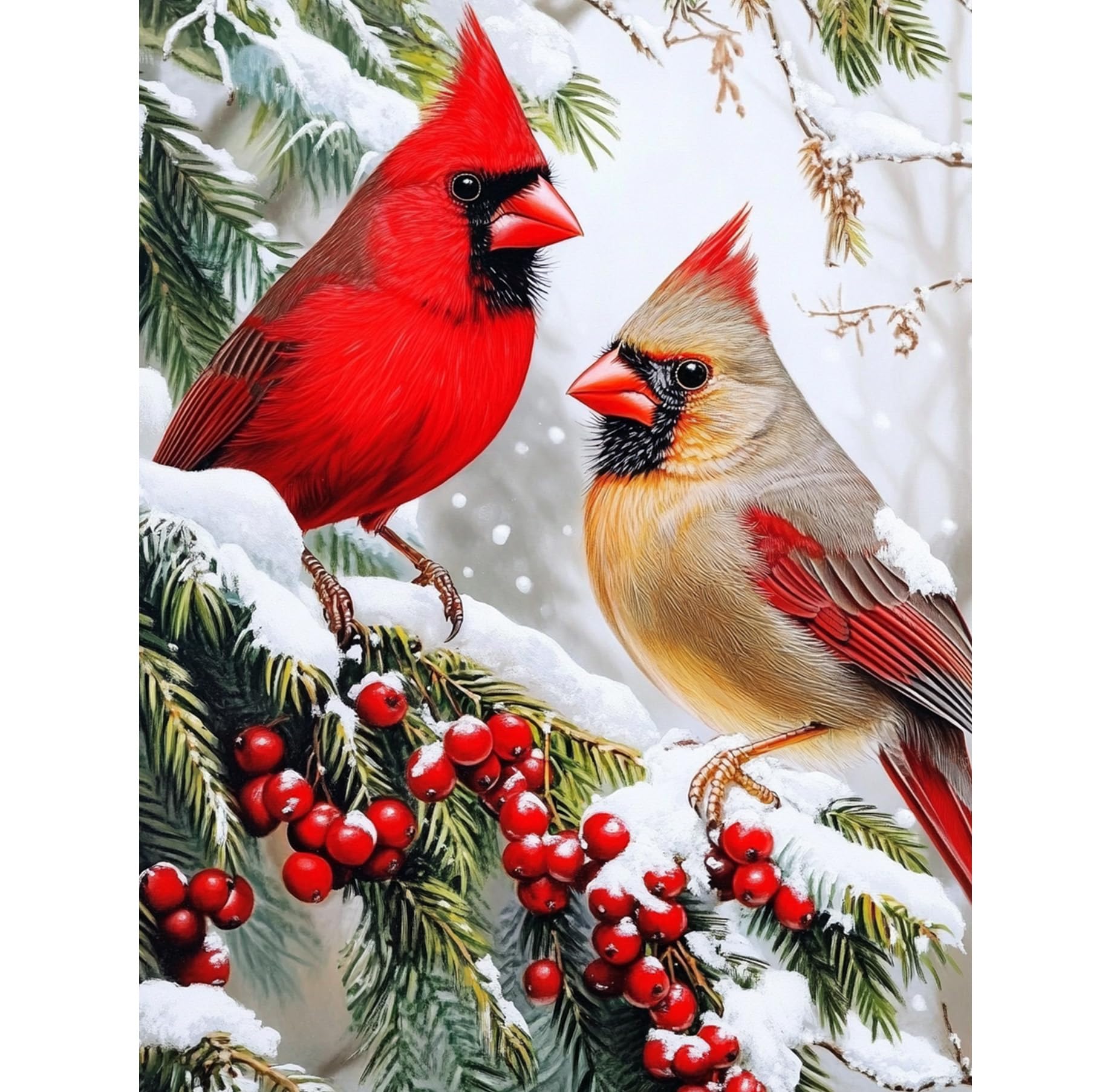 QENSPE 5D Diamond Art Cardinal Birds DIY Round Full Drill Diamond Painting Kits for Beginners,Winter Diamond Dots for Adults,Home Wall Decor & Gift