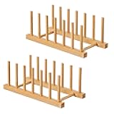 HBlife 2pcs Bamboo Dish Plate Bowl Cup Book Pot Lid Cutting Board Drying Rack Stand Drainer Storage Holder Organizer Kitchen Cabinet（Keep Dry）