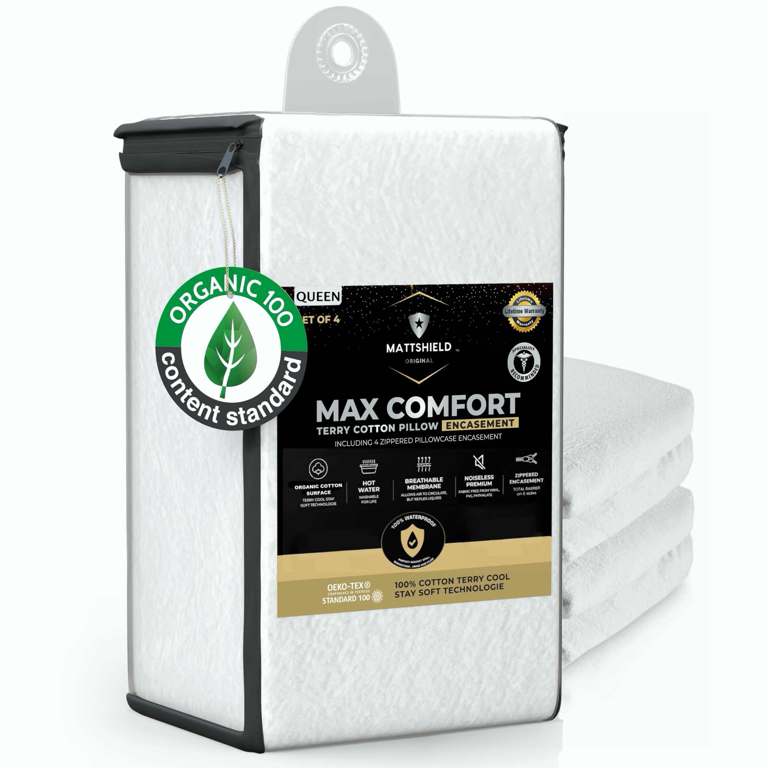 4 Pack - Organic Cotton Pillow Protectors with Zipper Queen Size - Waterproof...