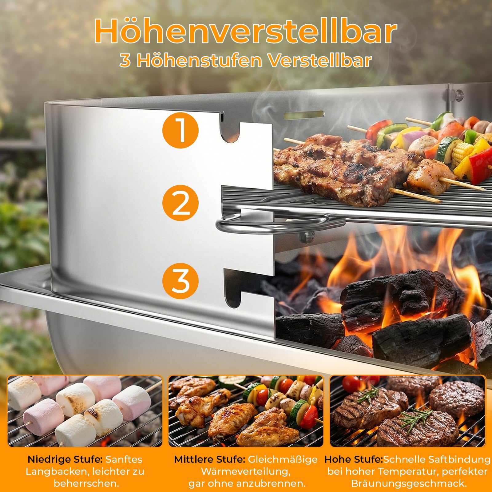 TLGREEN Barbecue à charbon de bois en acier inoxydable, Barbecue à colonne 52*32*84cm, Hauteur réglable en 3 directions, avec grille de chromée, ventilation et Cendrier, Plage, Outdoor, Camping, BBQ