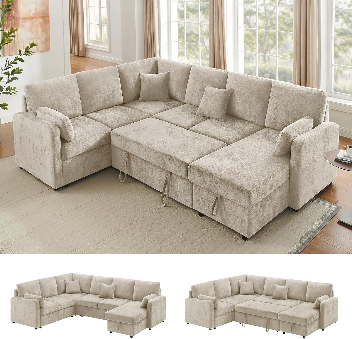 112'' Sectional Sleeper Sofa with Pull Out Bed, U Shaped 7 Seater Modular Sectional Sofa with Storage Chaise, Modern Sectional Sofas & Couches with 4 Pillows, Chenille Sofa Bed for Living Room, Camel