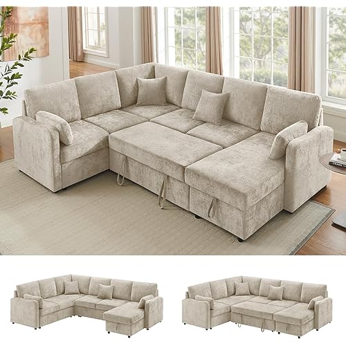 111'' Sectional Sleeper Sofa with Pull Out Bed, U Shaped 7 Seat Modular Sectional Sofa with Storage Chaise, Modern Sectional Couches, Cloud Chenille Sofa Bed for Living Room, Apartment, Office, Camel | 7 Seat Sleeper, Storage Chaise, Cloud Chenille, Modern Design