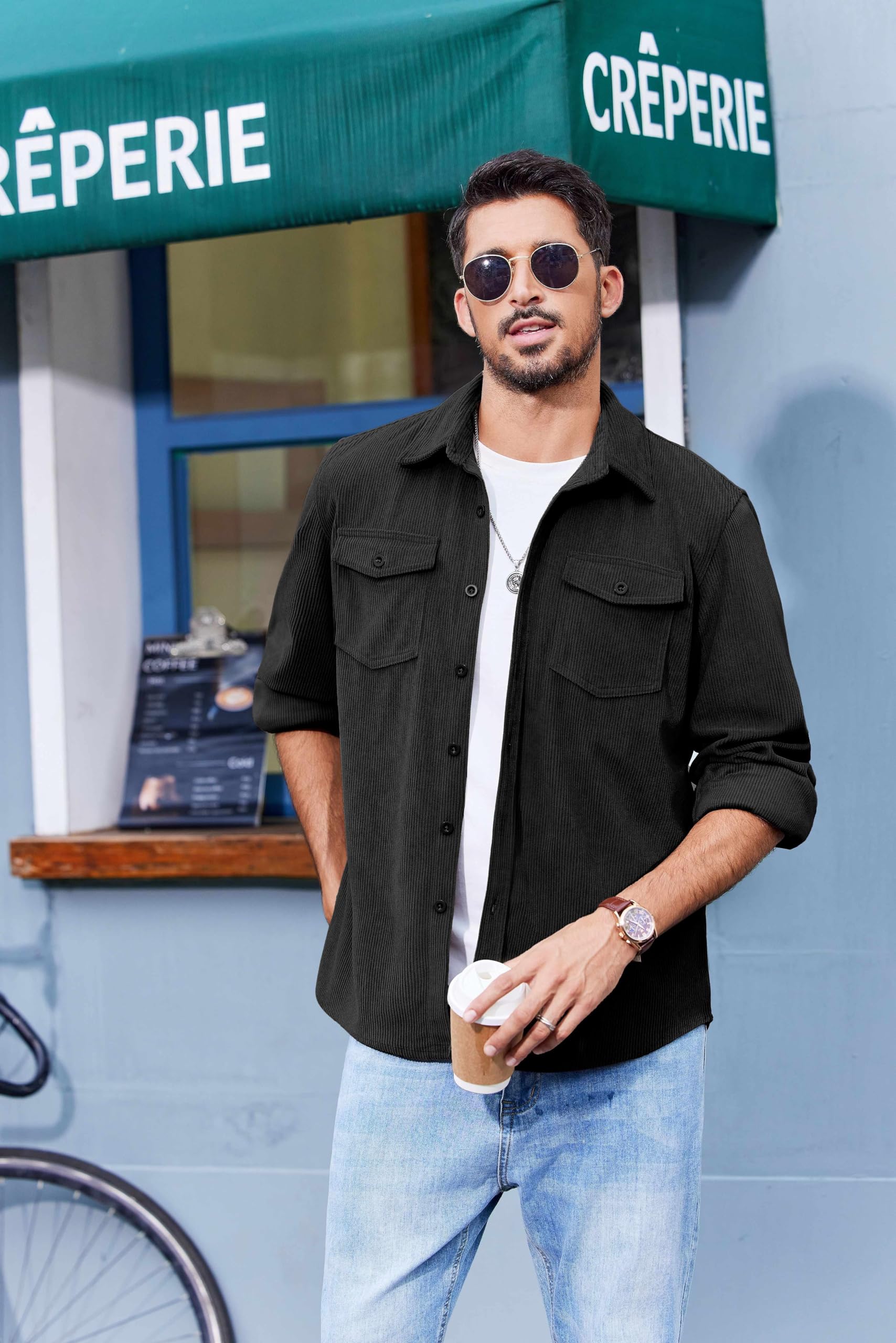 COOFANDY Camicie da uomo in velluto a coste con bottoni giacche casual a maniche lunghe shacket leggero Overshirt con tasche con patta