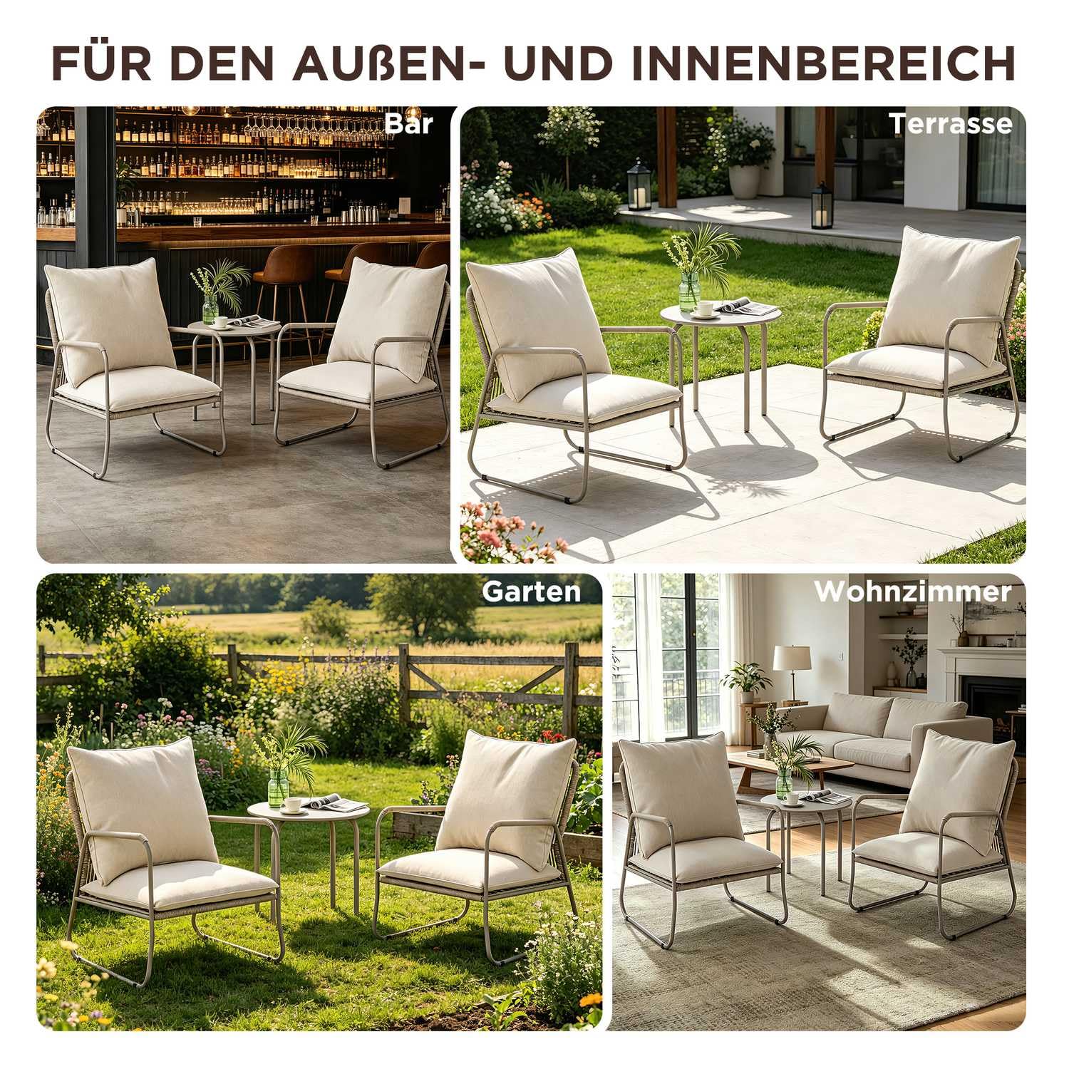 ALAULM 3-teilige Gartenmöbel-Set, Balkonmöbel aus Atmungsaktive PE-Rattan Gartenstühle mit Kissen & Runder Couchtisch, Balkonmöbel Set für Garten, Balkon, Terrasse(Beige)