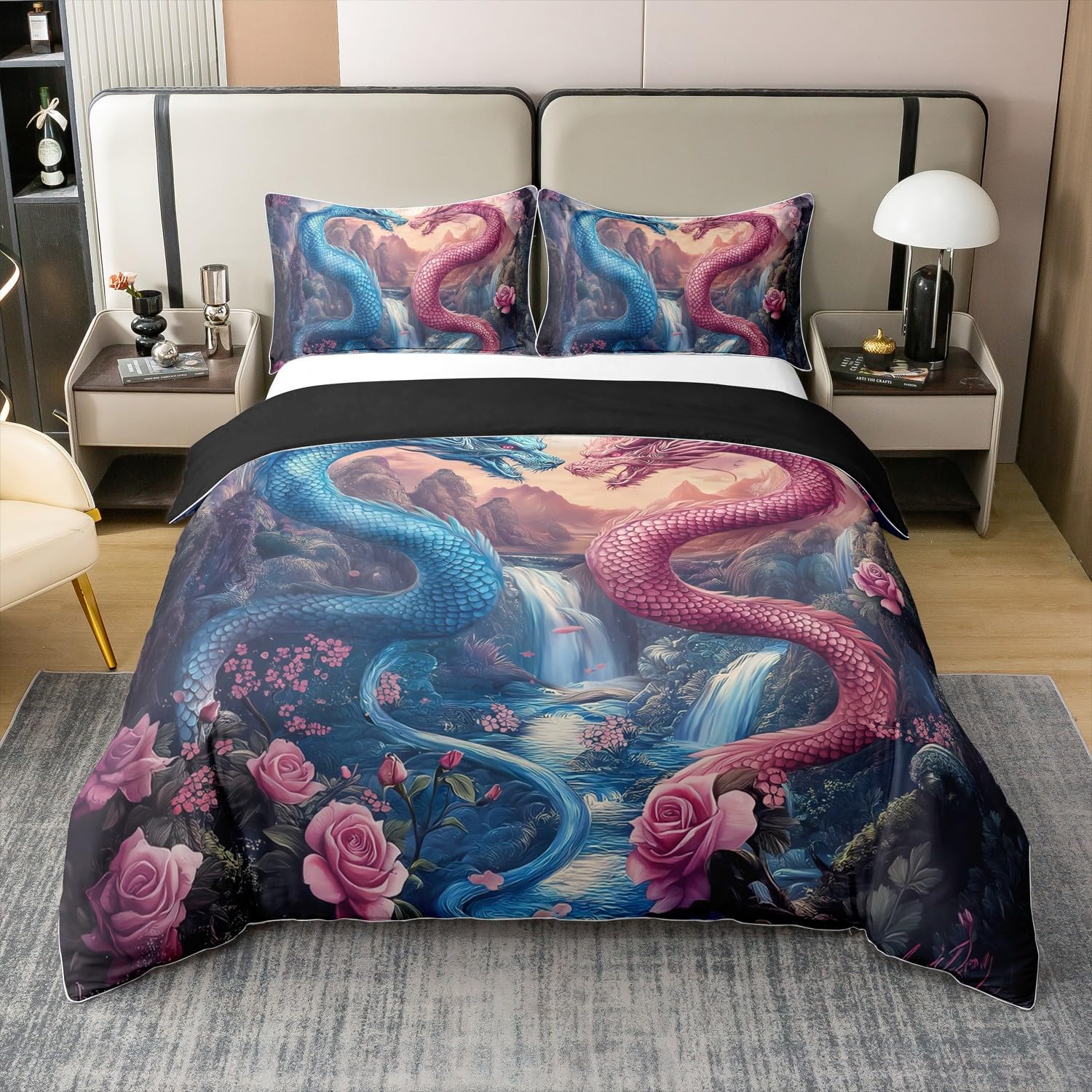 Dragon Duvet Cover Twin for Kids Boys,3D Dragon Ancient Wildlife Couple Lover 2 Pieces Duvet Cover,Romantic Flowers Floral Comforter Cover (Not Comforter),Traditional Nature Mountain Quilt Cover
