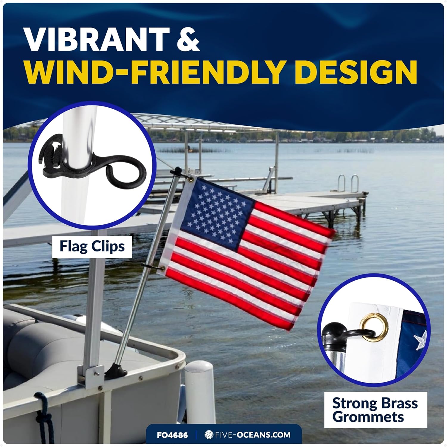 Five Oceans Boat Flag Pole Kit with American Flag, 12" x 18" U.S. 50 Star Sewn Flag, 25" Tall 3/4" Diameter Marine Pole for Pontoon & Boats - FO4686