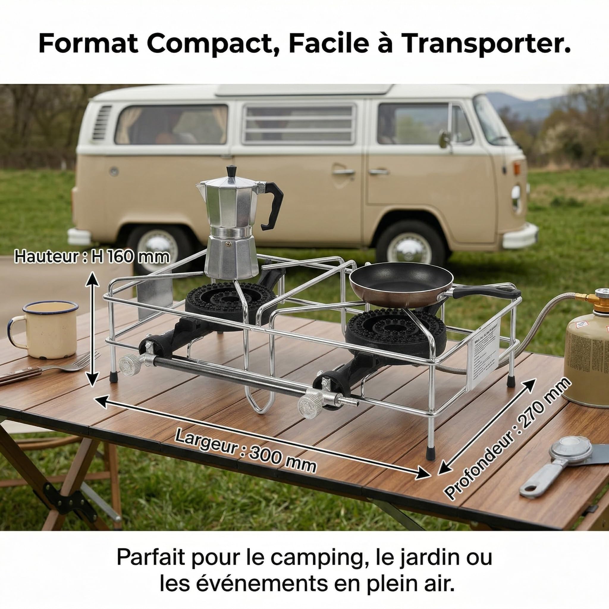 FOKER Réchaud à Gaz 2 Feux 8 kW, Réchaud Camping en Acier Inox avec Brûleurs en Fonte, Consommation 580g/h, Compatible Butane/Propane, Fabriqué en Italie, Idéal Extérieur et Jardin