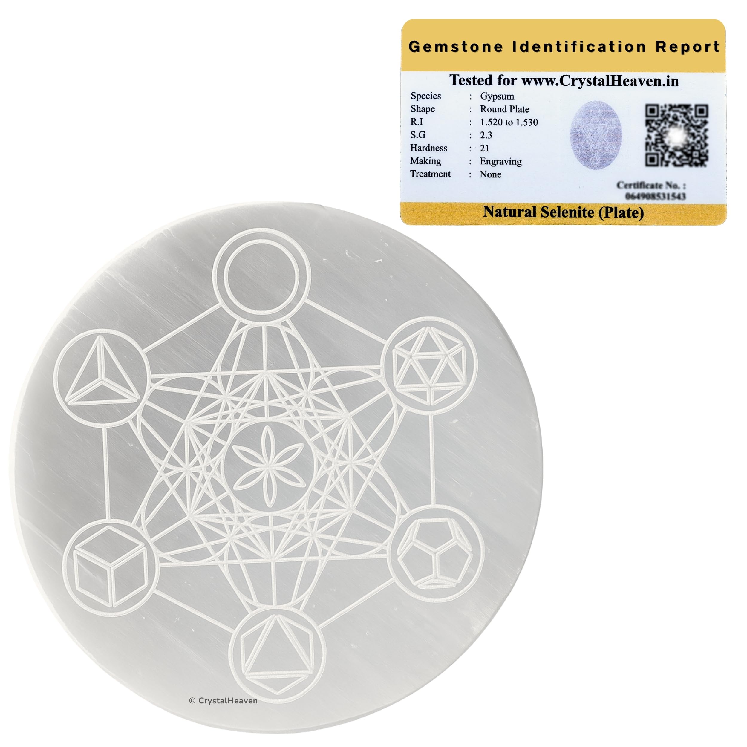 Crystal Heaven Certified Selenite Charging Plate, 3 Inch Engraved Platonic Solid Metatron Cube Selenite Plate For Cleansing Re-Energy Work, Meditation And Pooja (3 Inch, Metatron Cube