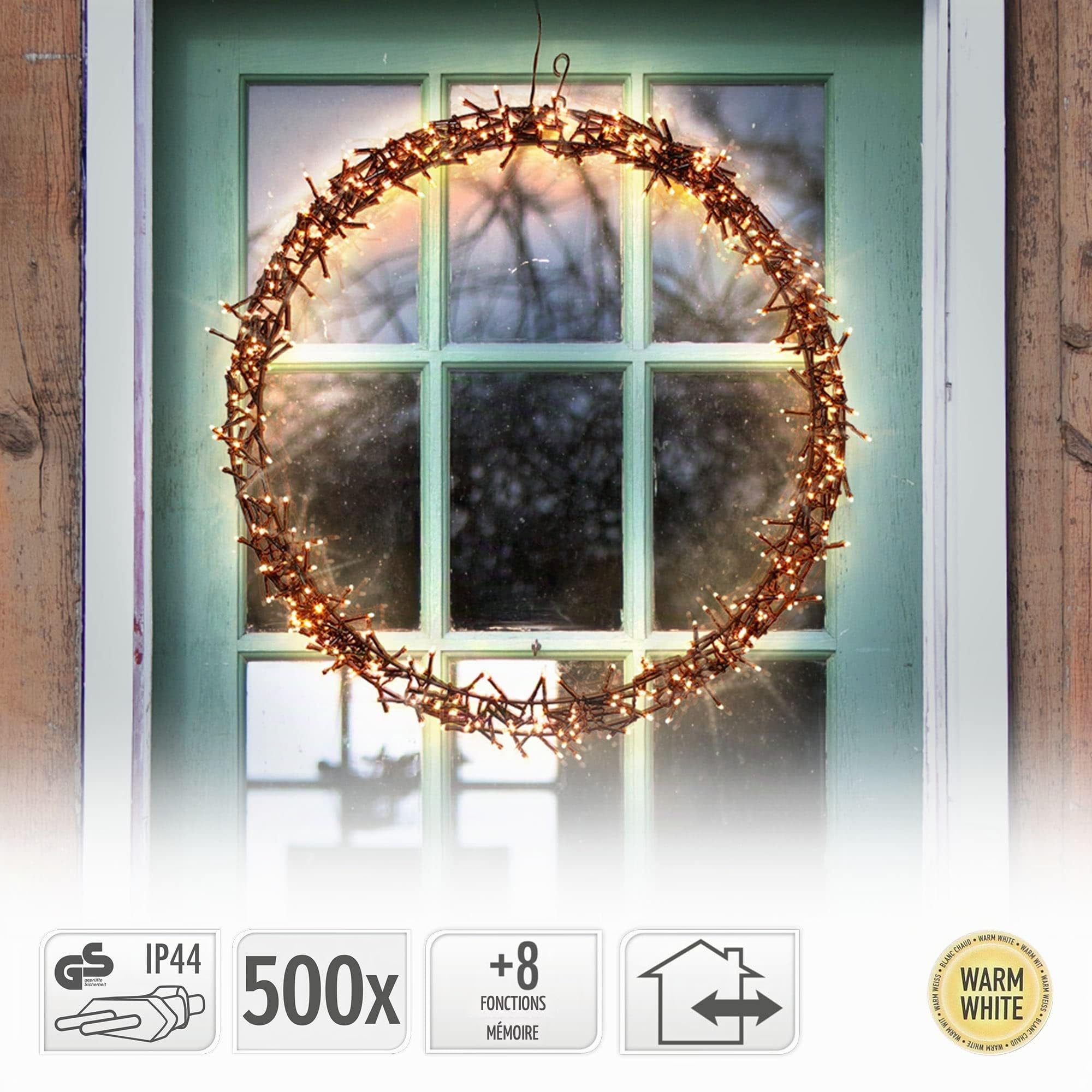 ECD Germany Couronne Lumineuse avec 500 LEDs, Ø58 cm, Blanc Chaud, IP44, Couronne de Porte/Fenêtre, Décoration de Noël, Guirlande Lumineuse LED avec 8 Programmes Lumineux, Intérieur/Extérieur, IP-44