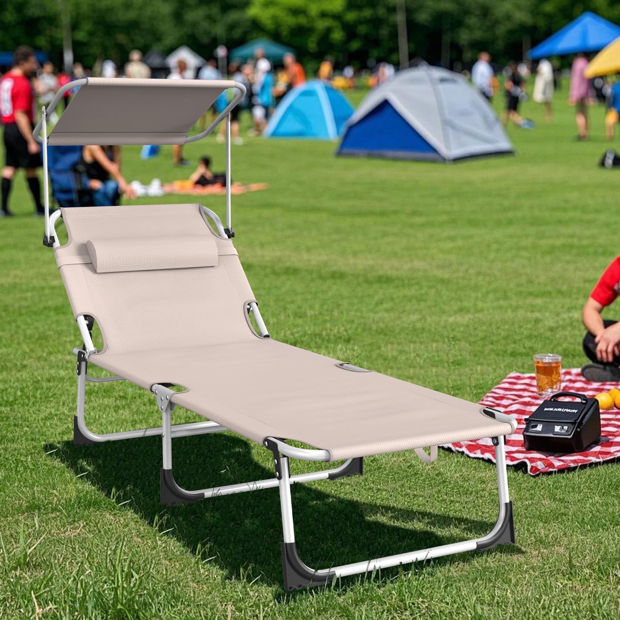 AufuN Sonnenliege Klappbar mit Dach und Seitentasche 195x68 cm Schwarz | Wetterfeste Gartenliege, stabile Strandliege, Sonnenschutz & verstellbare Rückenlehne, bis 100 kg, ideal für Terrasse Campin