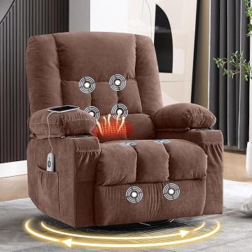 Massage Swivel Recliner Chair with Vibration Massage and Lumbar Heating for Adults,Oversized Rocker Recliner Single Sofa with Side Pocket,Two Cup Holders and USB Charge Port for Living Room