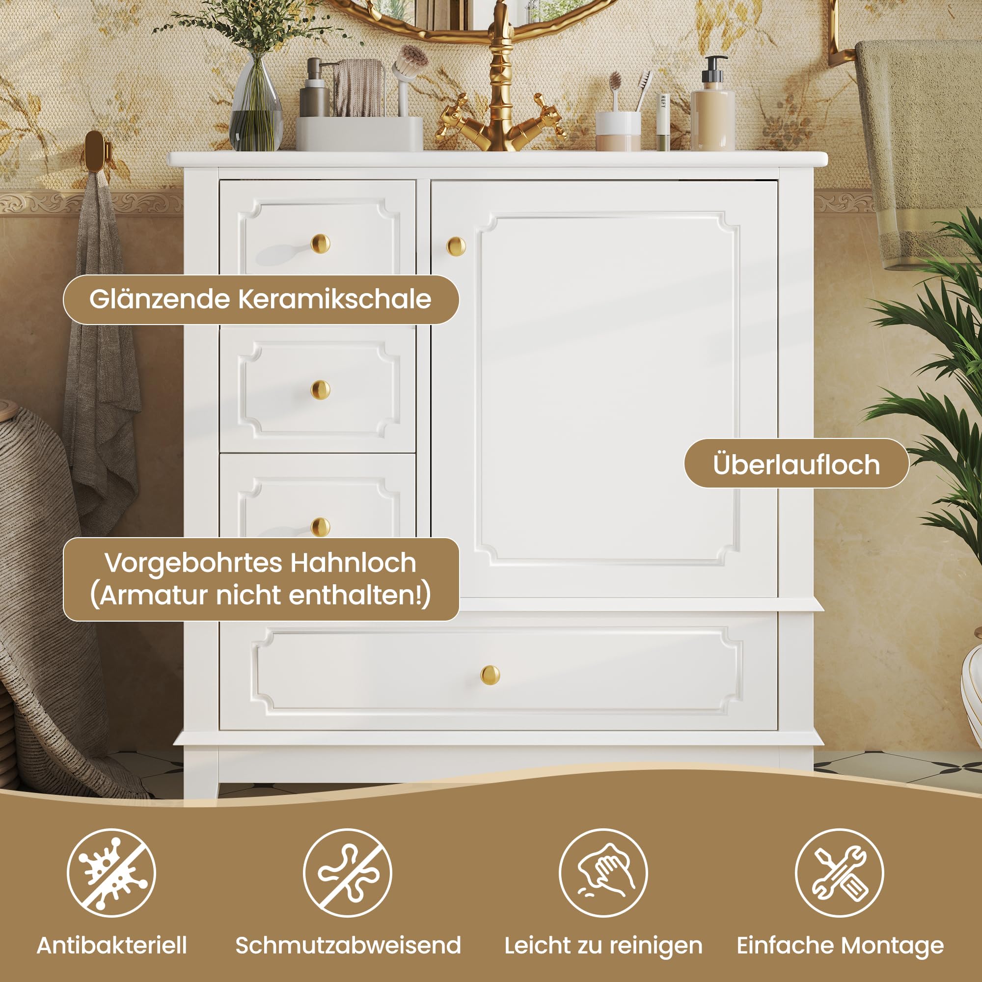 Armario para lavabo de baño de 76,5 cm con lavabo de cerámica y asas doradas, antibacteriano, con orificio de rebosadero y mucho espacio de almacenamiento, color blanco
