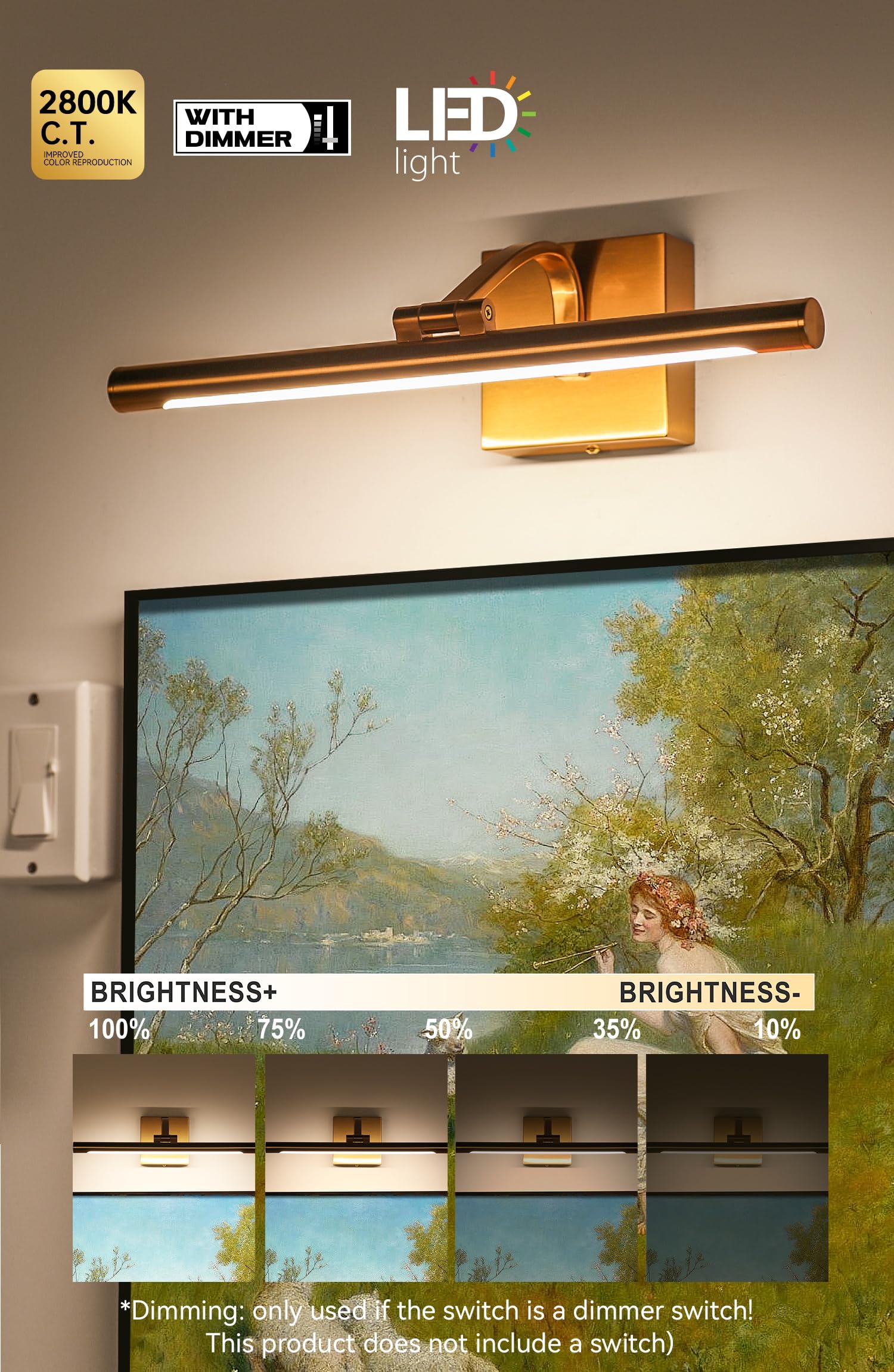 WAMBLZ Picture Light for Wall 15.7 inch Hardwired Art Lighting for Paintings Gold Brass 2800K Dimmable Gallery Light with Rotatable Light Tube