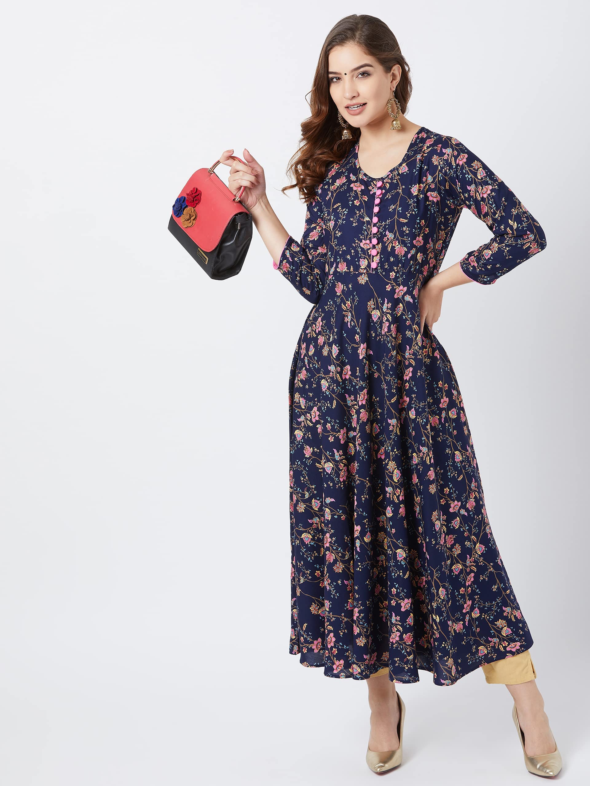 Tissu Women's Rayon Floral Printed Flared Kurta (Dark Blue L)