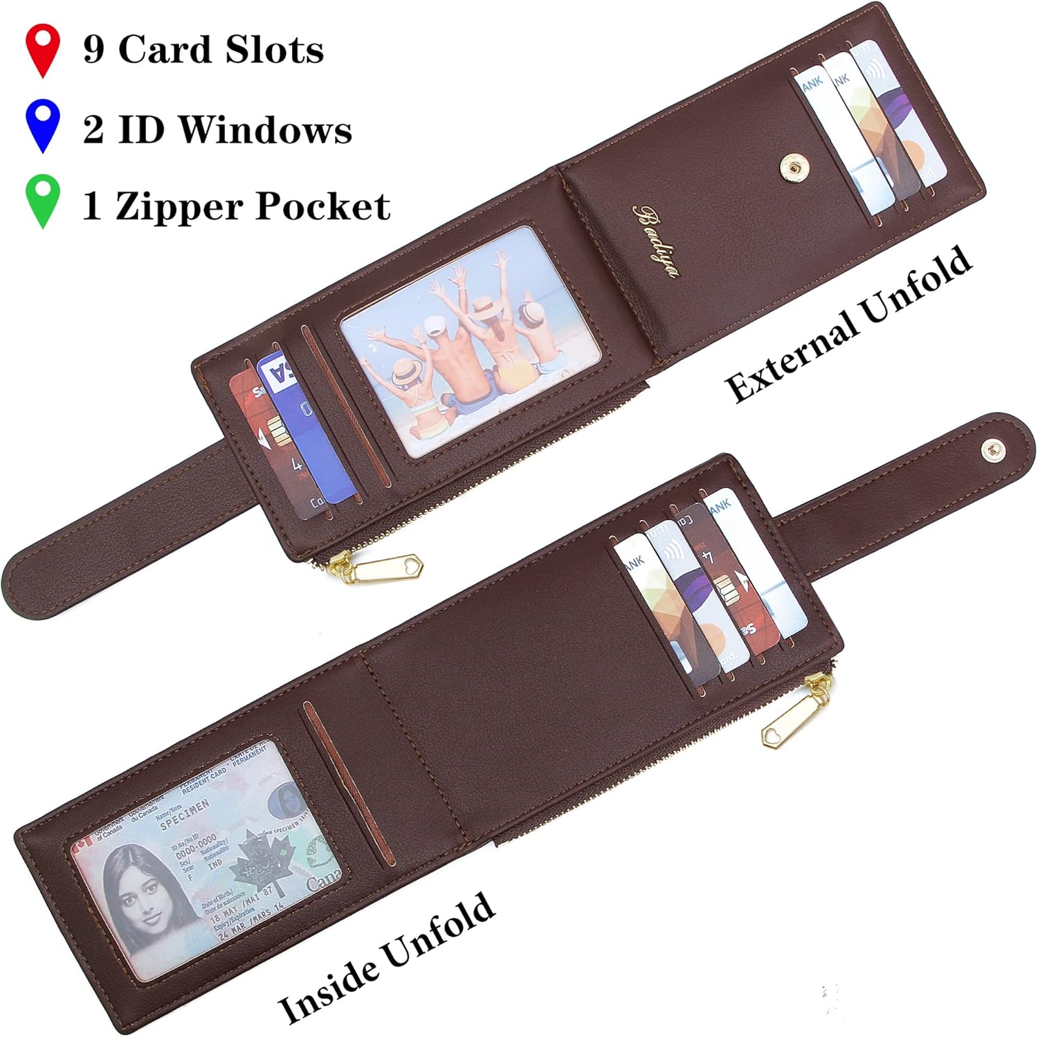 Badiya Slim Women Wallet RFID Blocking Bifold Compact 9 Card Slots Holder Wallets Soft Leather with Zipper Coin Pocket 2 ID Window - Image 4