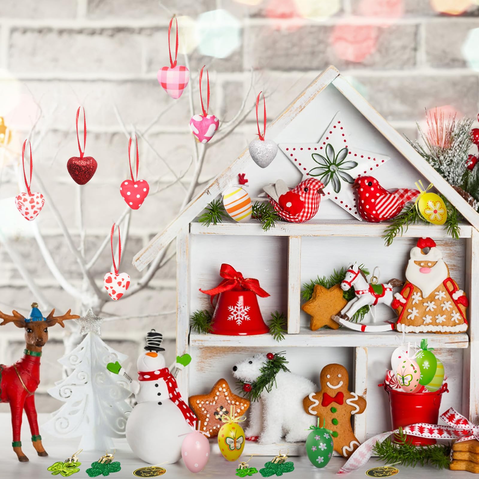 Ostereier zum Aufhängen, Kunststoff, handbemalte Eier, St. Patrick's Day, Kleeblatt, Valentinstag, Herzdekoration für kleine Bäume, Party-Dekoration, Gastgeschenk, 120 Stück