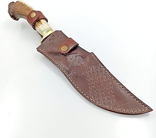 Miniatura 8 de yatagan Cuchillo de caza hecho a mano con mango de cuerno de ciervo con funda de cuero, espiga completa, hoja fija, para supervivencia al aire