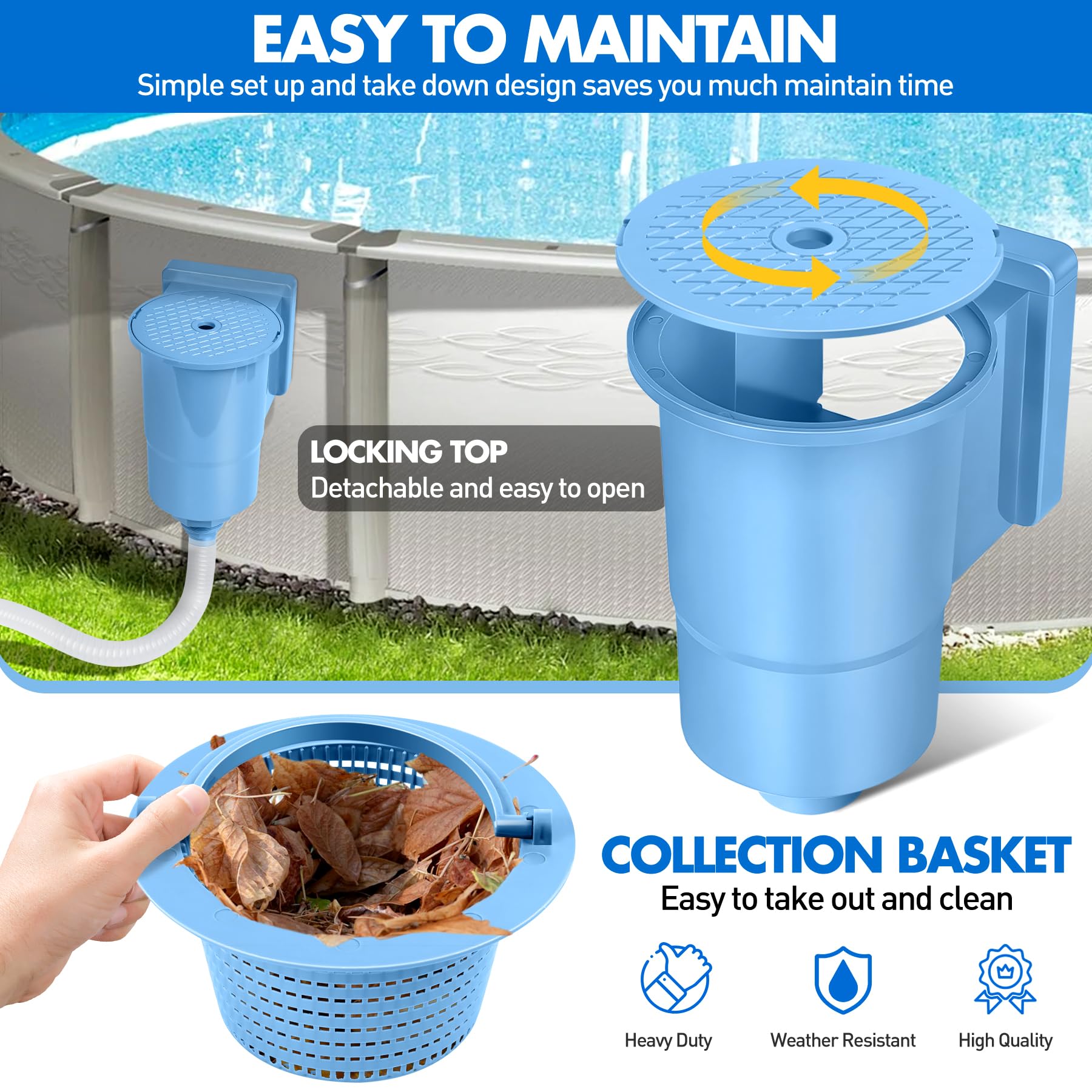 LuxBlue Skimmer Piscine Hors Sol, Skimmer de Surface Piscine Carrée en ABS de Haute Résistance, Ecumoire de Piscines avec Grand Panier Amovible pour Facile Nettoyage, Kit Skimmers Piscines Tubulaire