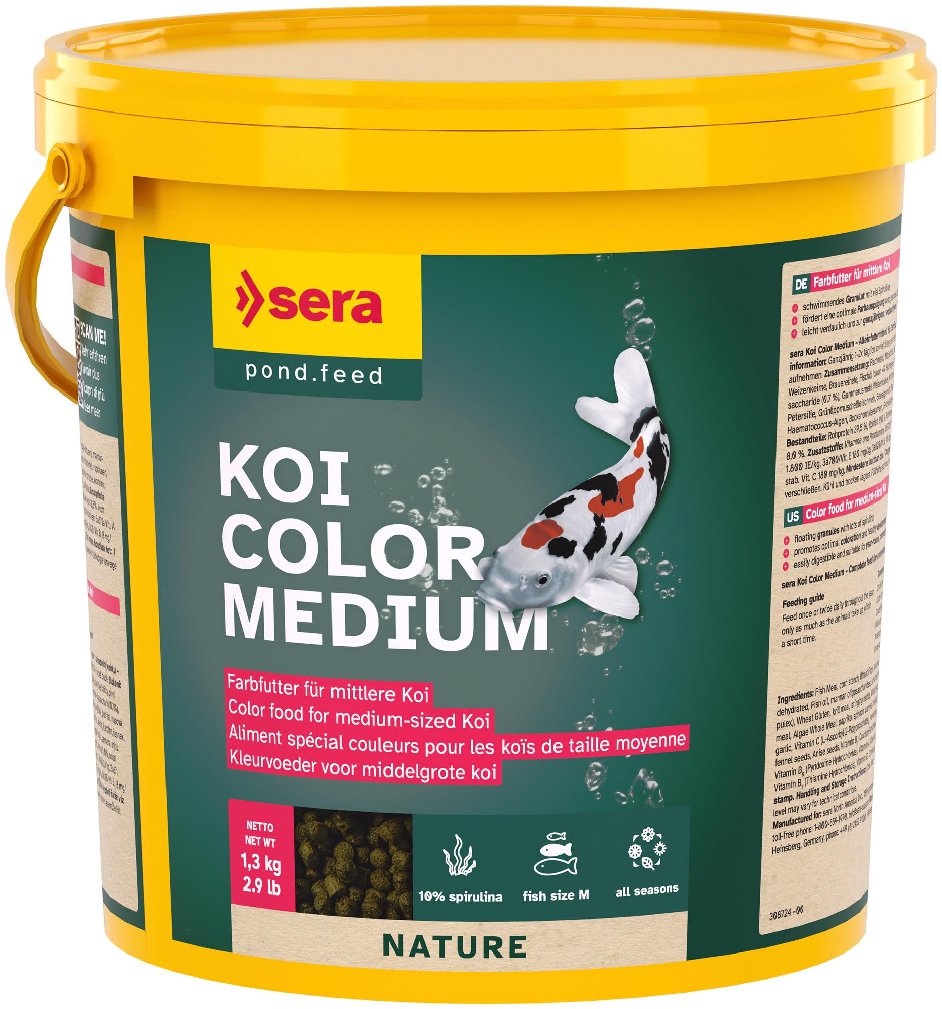 Sera Koi Color Medium 3,8 L (1,3 kg) Aliment spécial Couleurs Naturel granulés flottants pour koïs 12-25 cm