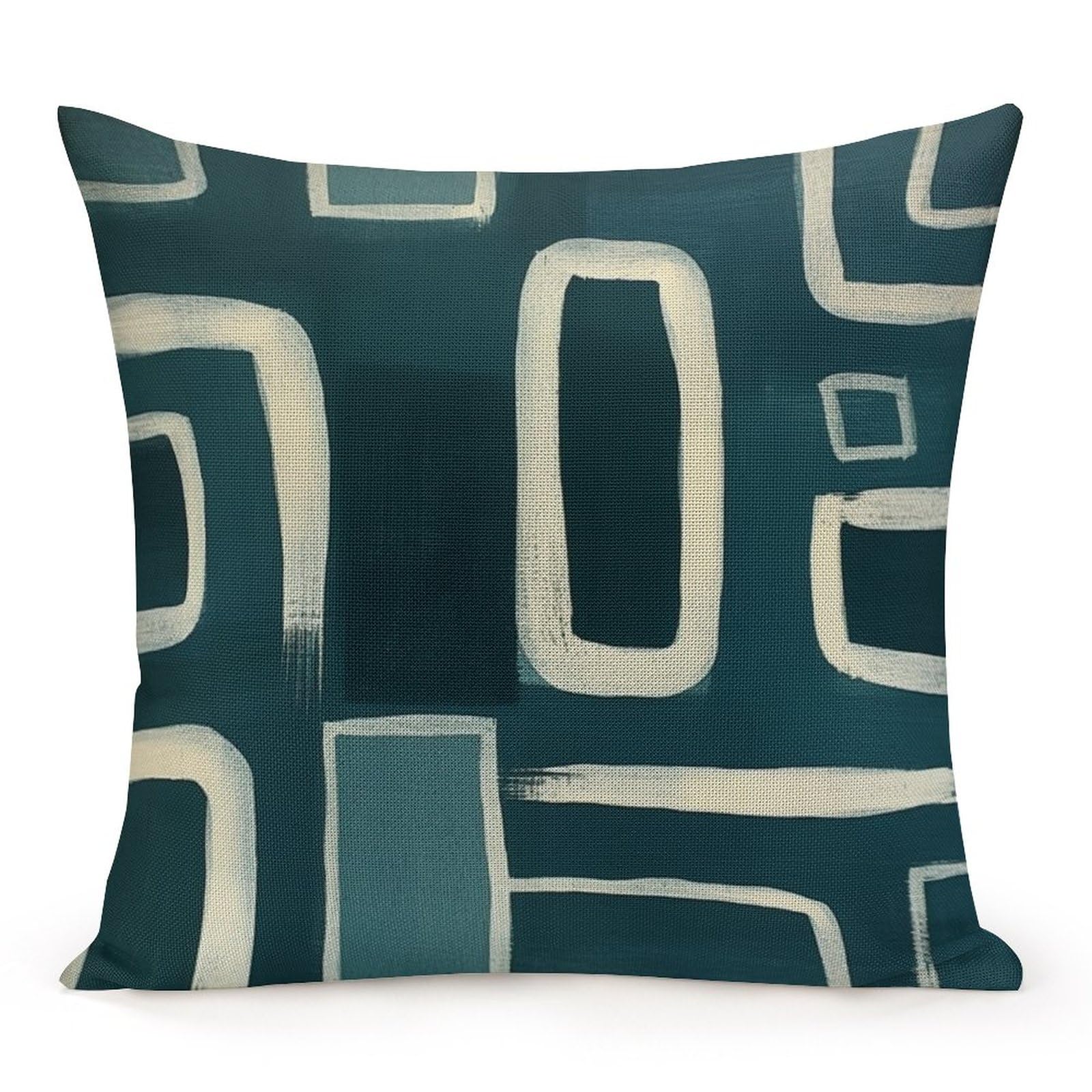 Teal Beige Blue Geometric Pattern Throw Pillow Covers with Zipper 20x20in Farmhouse Pillow Cases Linen for Couch Sofa Bedroom Home Decor