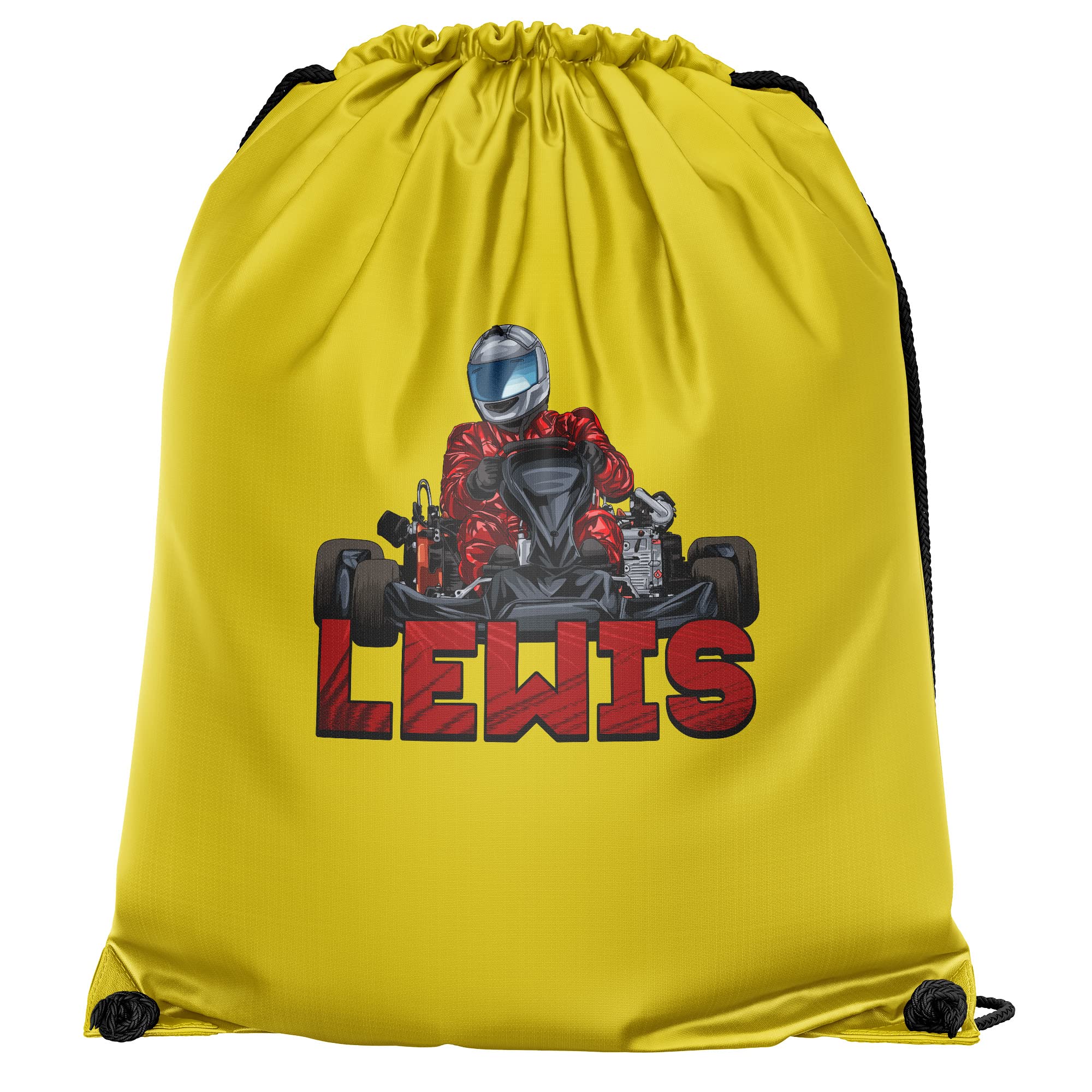 Personalised Go Kart Drawstring Bag, Custom Back to School and Nursery Gifts for Boys, Ideal Bag for Boys Who Love Go Karting, Essential Kids PE Kit Swimming Bag, One Size, Yellow