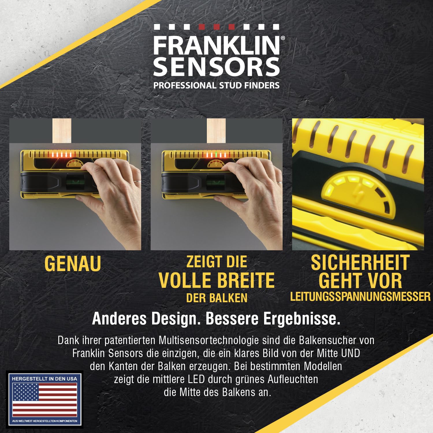Franklin Sensors ProSensor M210 Professioneller Balkenfinder mit 13-Sensoren für höchste Genauigkeit, erkennt Holz- und Metallbolzen mit unglaublicher Geschwindigkeit, gelb