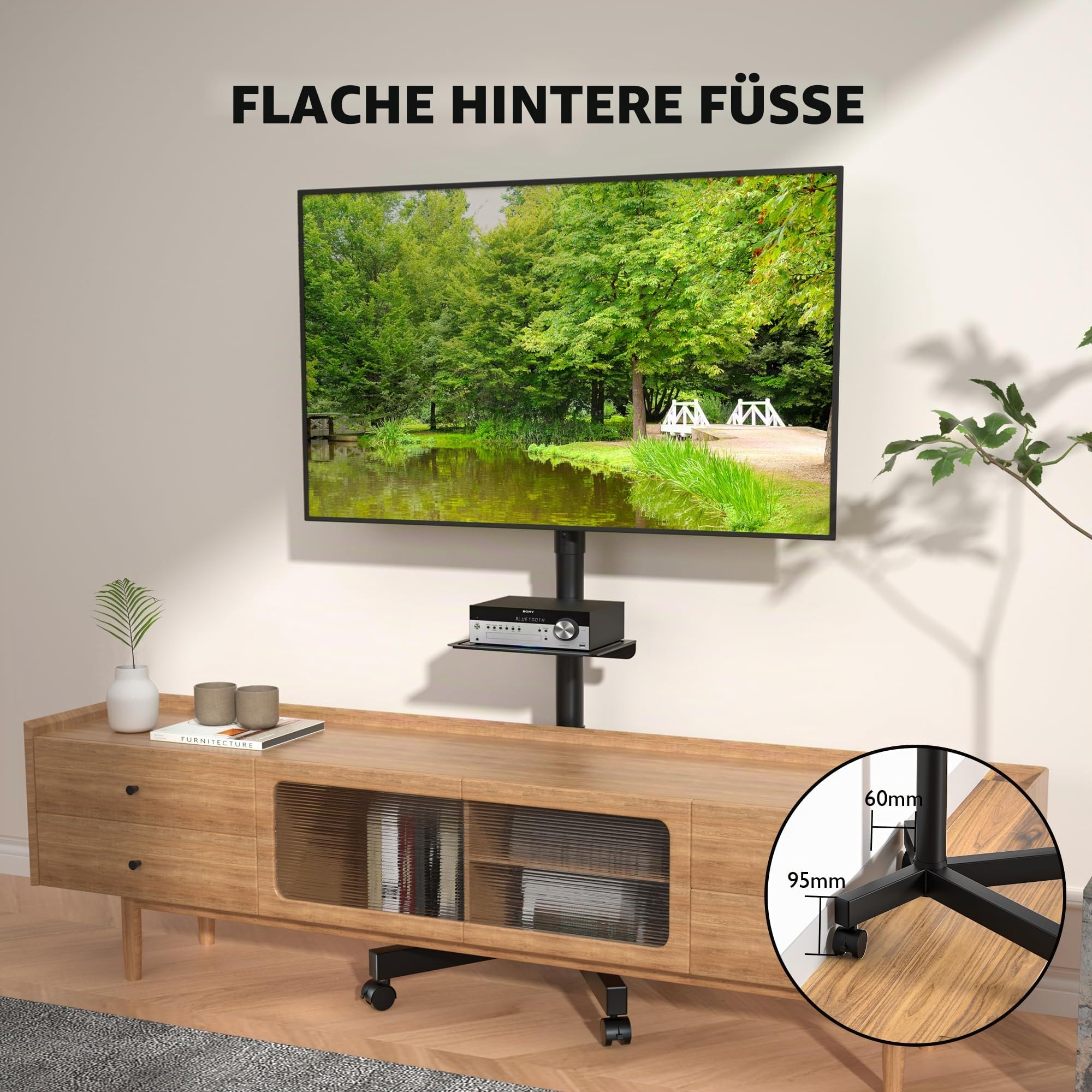 BONTEC TV Ständer Rollbar für 24-60 Zoll LCD LED OLED, Max. VESA 400x400mm, bis 40 kg, Neigbar und Höhenverstellbarer Fernsehständer mit Rollen und Medienablage, Schwarz