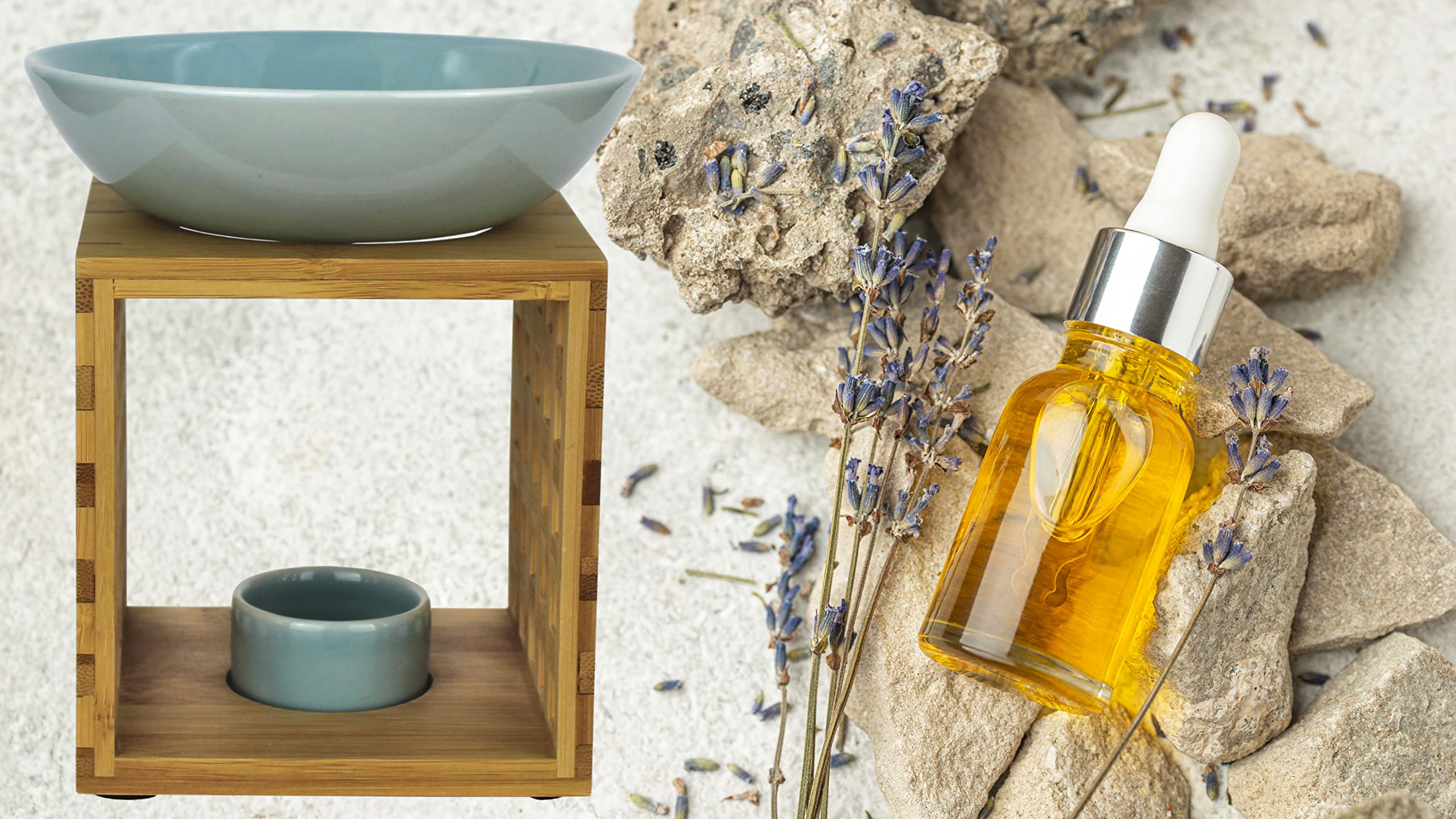 Bitto Duftlampe Riga Weißblau mit Kerze, große Schale, Fair Trade, Aromalampe aus Bambusholz und Keramik
