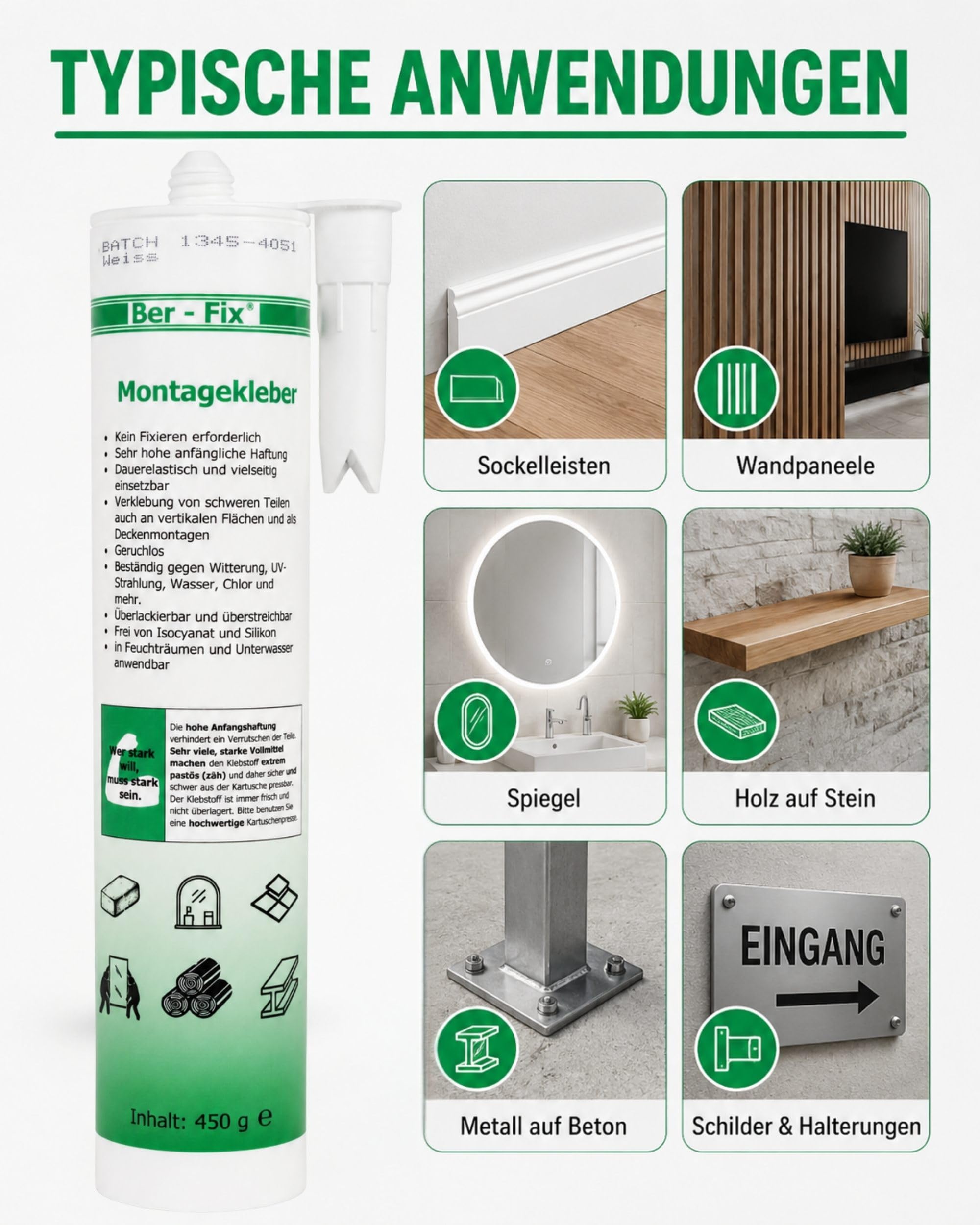 Ber-Fix Montagekleber nur Kleber extra stark weiß 3er Pack | Montagekleber nur Kleber weiß 3er Pack: Montagekleber für Kleben statt Bohren: geeignet für Leisten, Platten