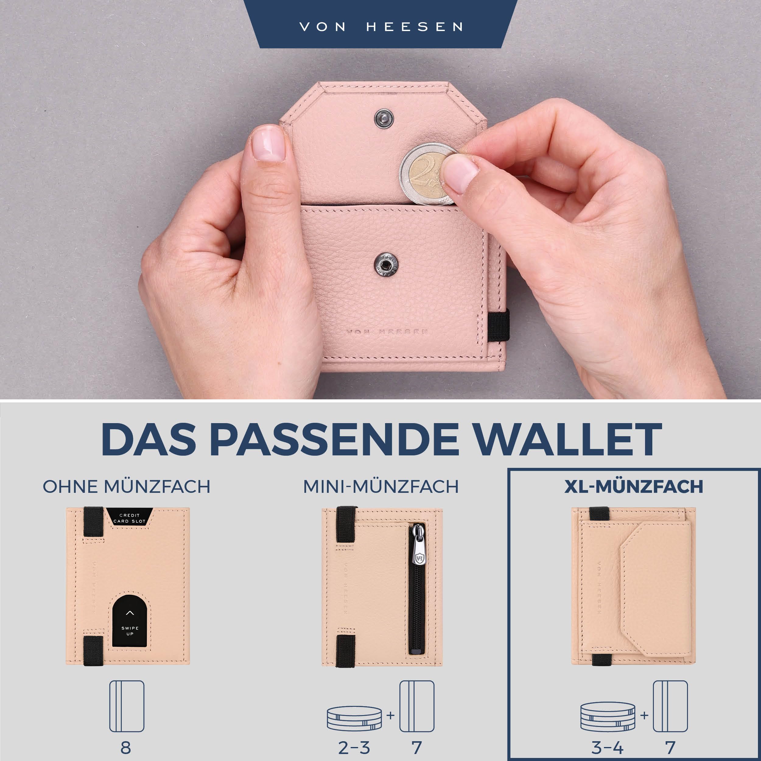 VON HEESEN Slim Wallet mit XL Münzfach & RFID-Schutz - Mini Geldbörse Herren & Damen - Kartenetui Kreditkartenetui - Portmonee Geldbeutel Portemonnaie klein Rose