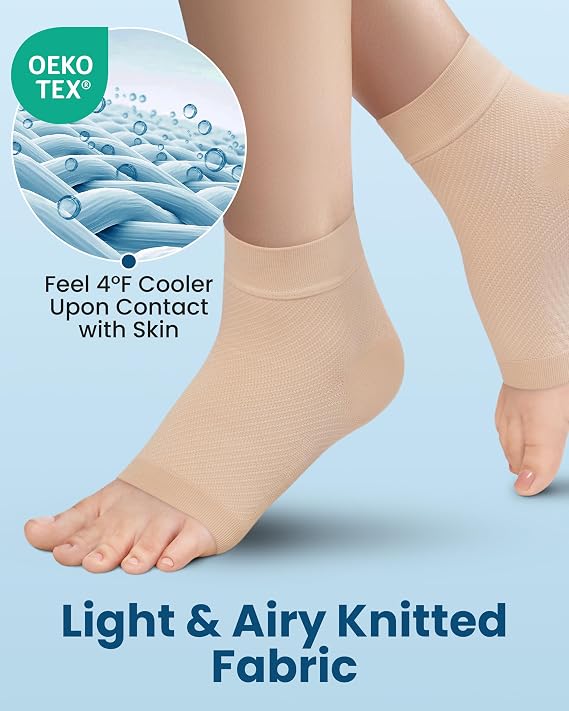 KEMFORD Ankle Compression Sleeve with Cooling Effect - 1-Pair, Plantar Fasciitis Braces - Open Toe Compression Socks for Swelling, Sprain, Neuropathy, Arch Support for Men and Women - M, Arctic Beige