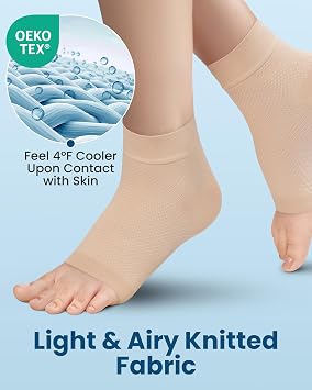 KEMFORD Ankle Compression Sleeve with Cooling Effect - 1-Pair, Plantar Fasciitis Braces - Open Toe Compression Socks for Swelling, Sprain, Neuropathy, Arch Support for Men and Women - M, Arctic Beige